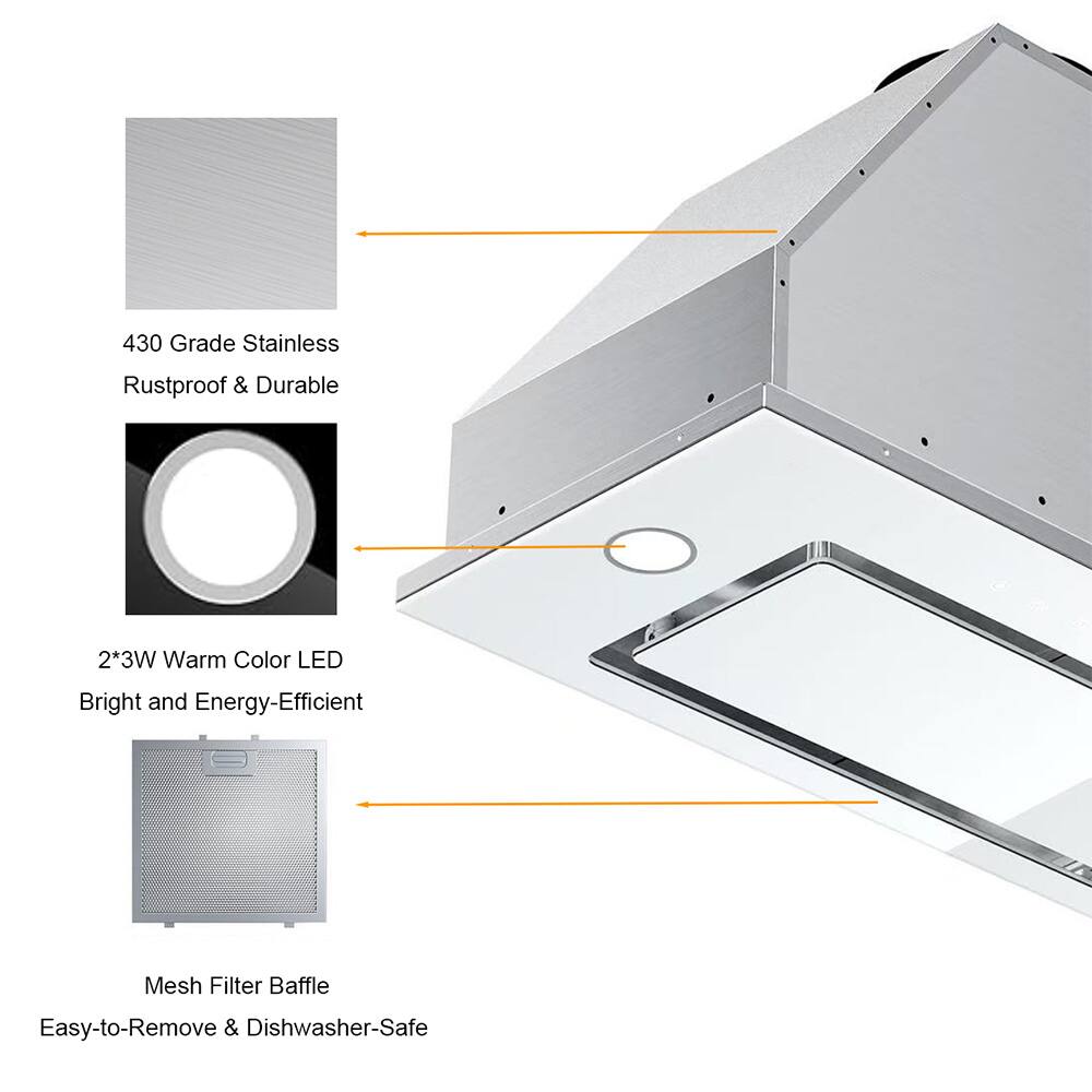 430 Grade Stainless  
Rustproof & Durable  

2*3W Warm Color LED  
Bright and Energy-Efficient  

Mesh Filter Baffle  
Easy-to-Remove & Dishwasher-Safe