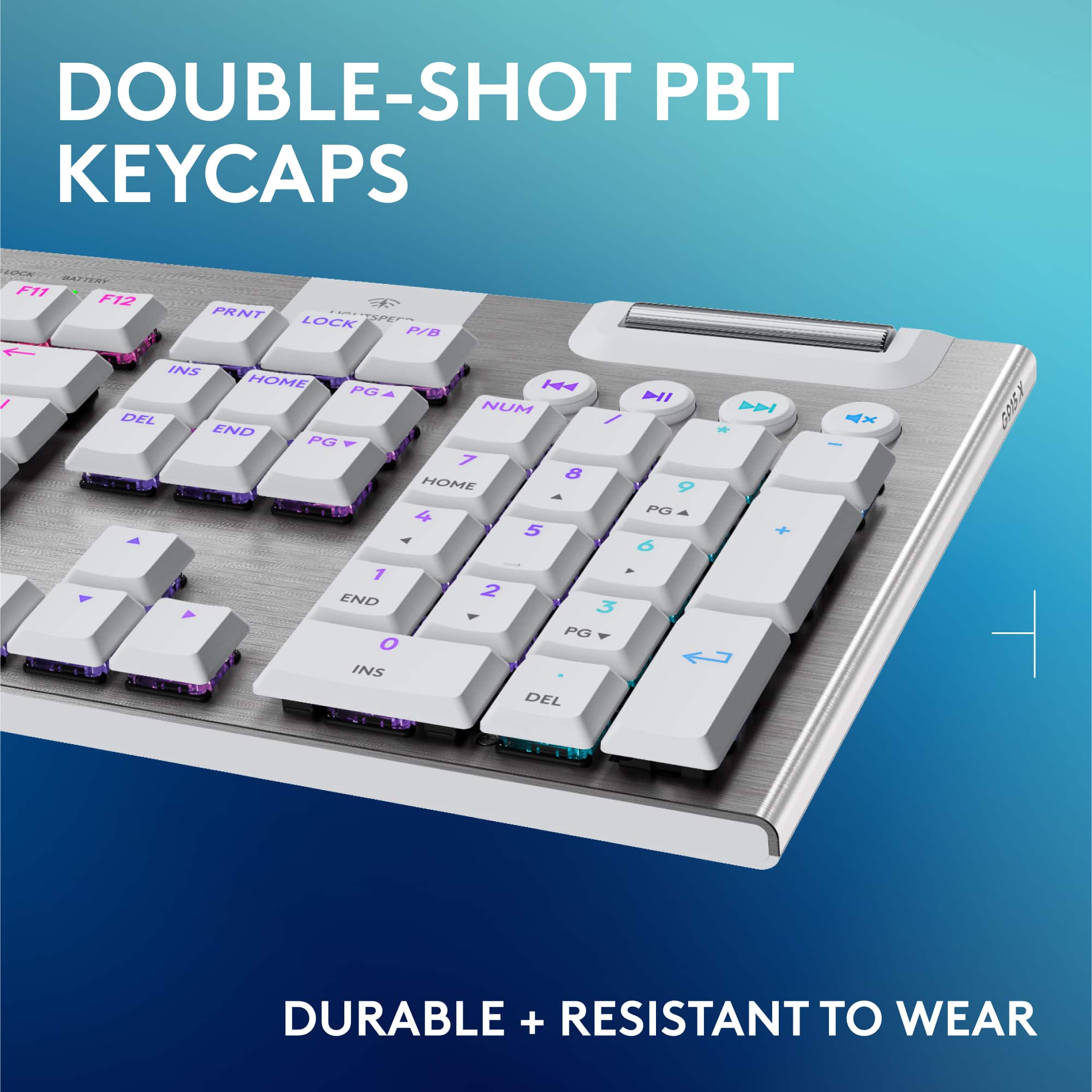 DOUBLE-SHOT PBT KEYCAPS - BANR F11 F12 PRINT 2 LOCK P/B 1 INS HOME H4 PG Hl / NUM DEL / END PG 7 8 HOME 9 4 PG 5 4 6 1 - 2 END 3 P 1 PG O INS DEL b + x | GPEY - DURABLE + RESISTANT TO WEAR