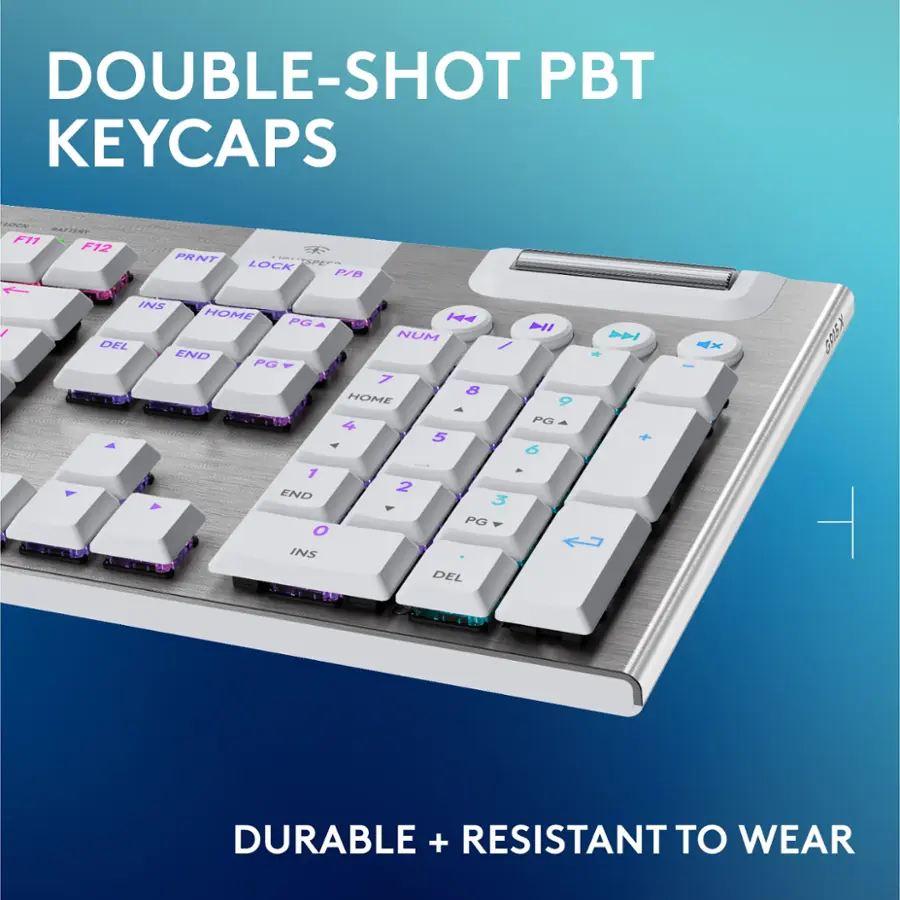 DOUBLE-SHOT PBT KEYCAPS - BANR F11 F12 PRINT 2 LOCK P/B 1 INS HOME H4 PG Hl / NUM DEL / END PG 7 8 HOME 9  4 PG 5 4 6 1 - 2 END 3 P 1 PG O INS DEL b + x | GPEY - DURABLE + RESISTANT TO WEAR