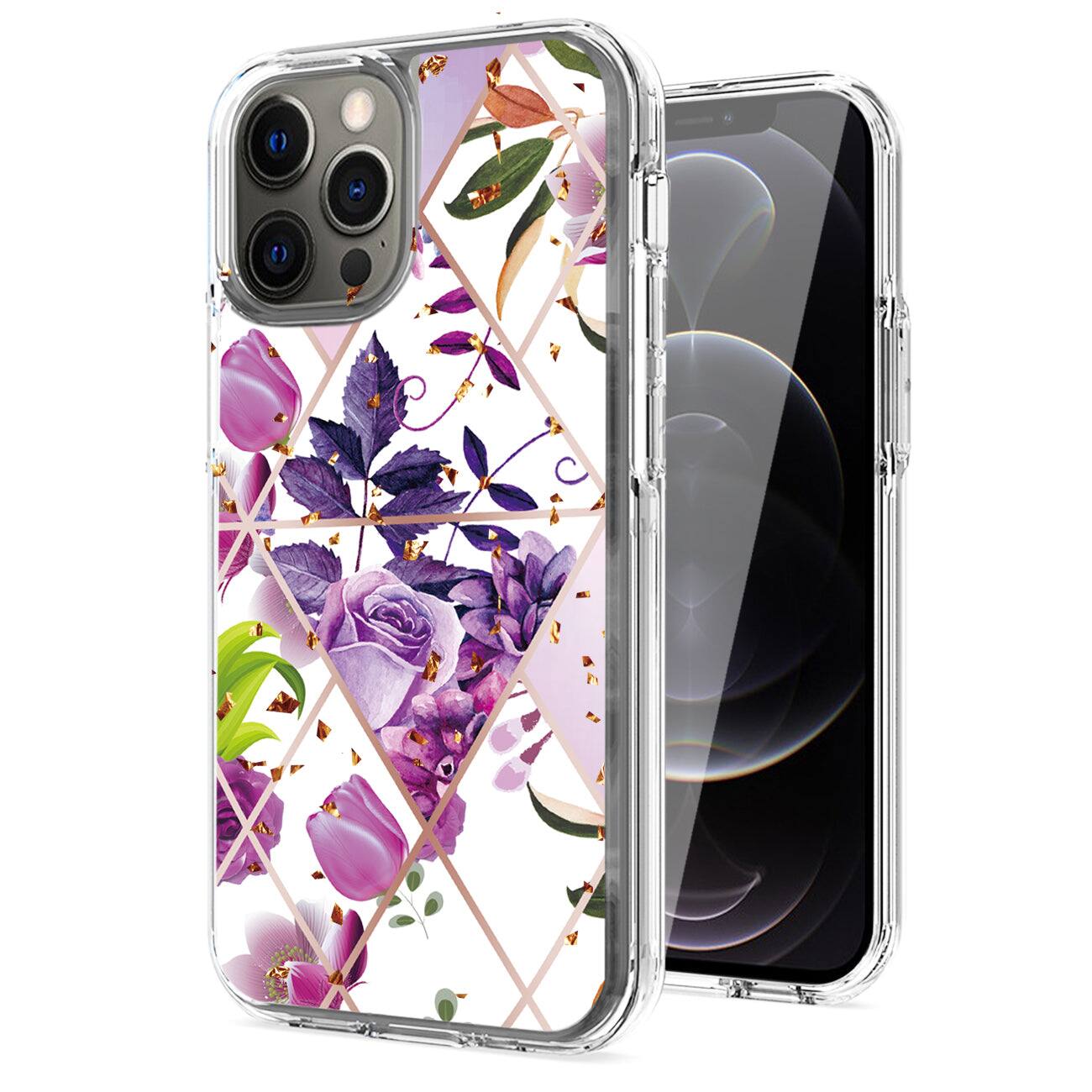 Front. Reiko - Flower Design Dual Layer Hybrid Hard Plastic & Soft TPU Case Cover for Apple iPhone 12 Pro Max Purple Base - Multicolor.
