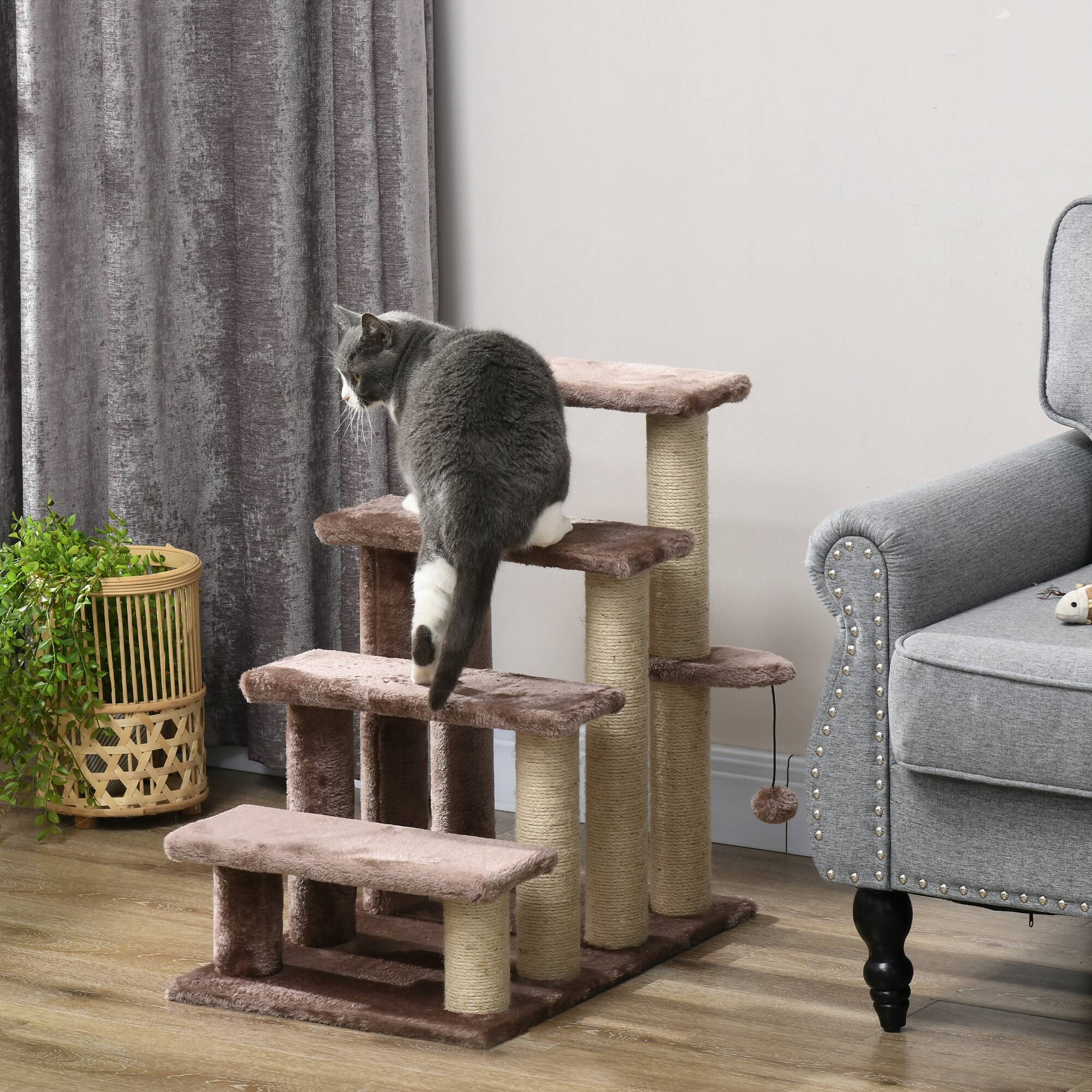 Angle. Pawhut - 4 Levels Cat Steps, Carpeted Ladder, Kitten Climber, Scratching Posts, Hanging Ball, Side Step, for Bed, Sofa - Brown.