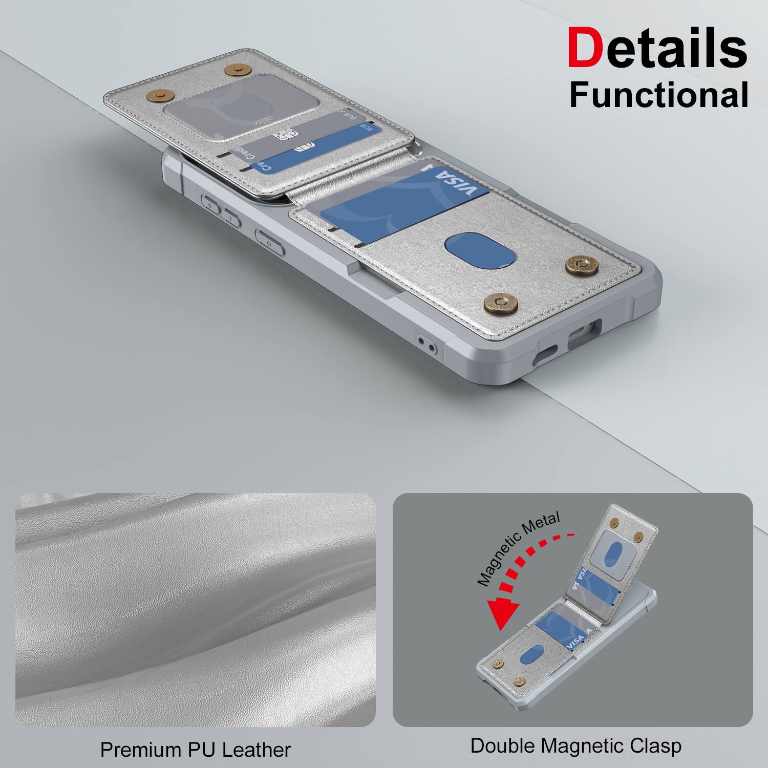 Details Functional

PAO C AW KY 1 VISA

Premium PU Leather

Double Magnetic Clasp

Magnetic Metal