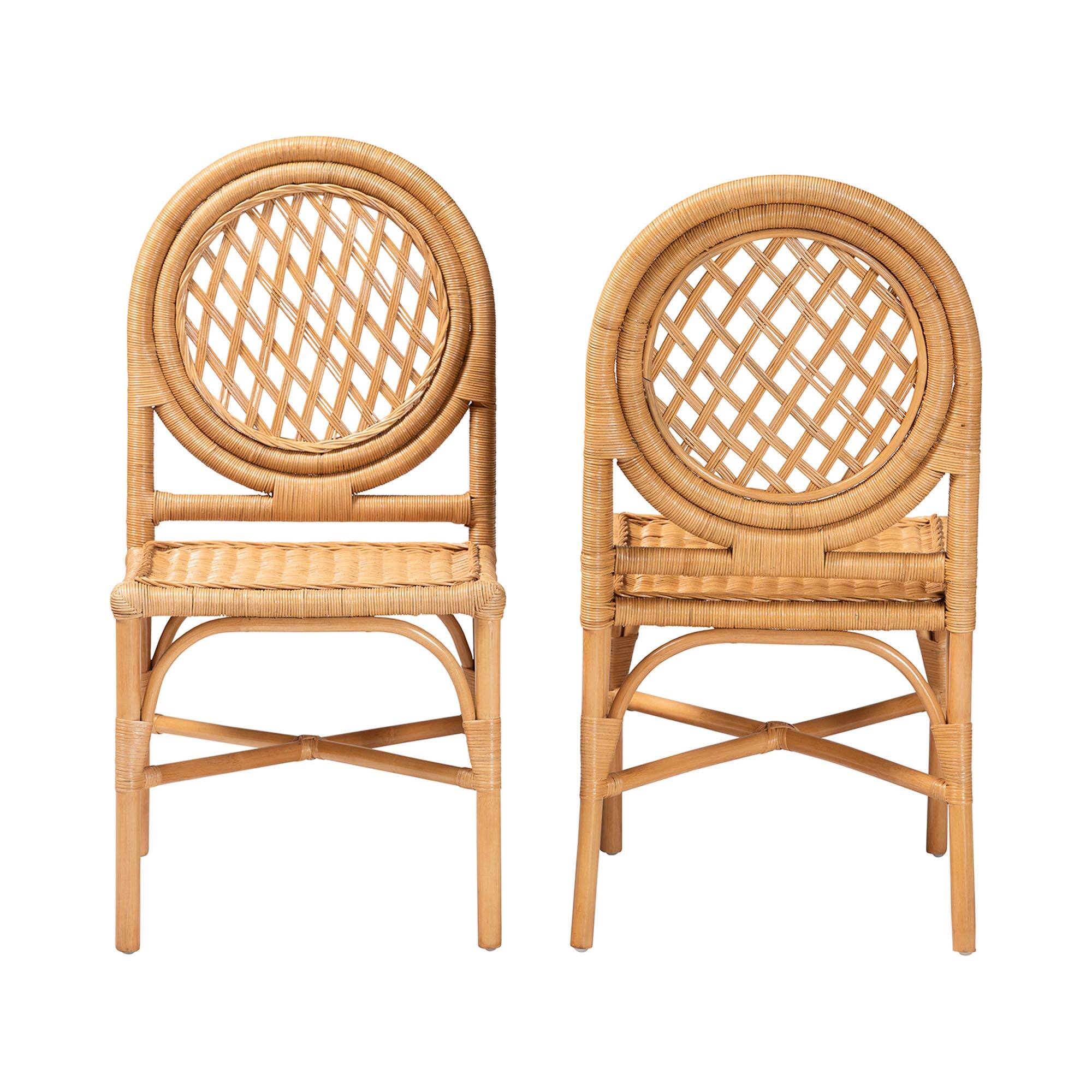 Angle. bali & pari - Oxford Round Back Rattan Dining Chair Set of 2 - Handwoven Cane Accent Chairs with Open Lattice Design - Light Honey.