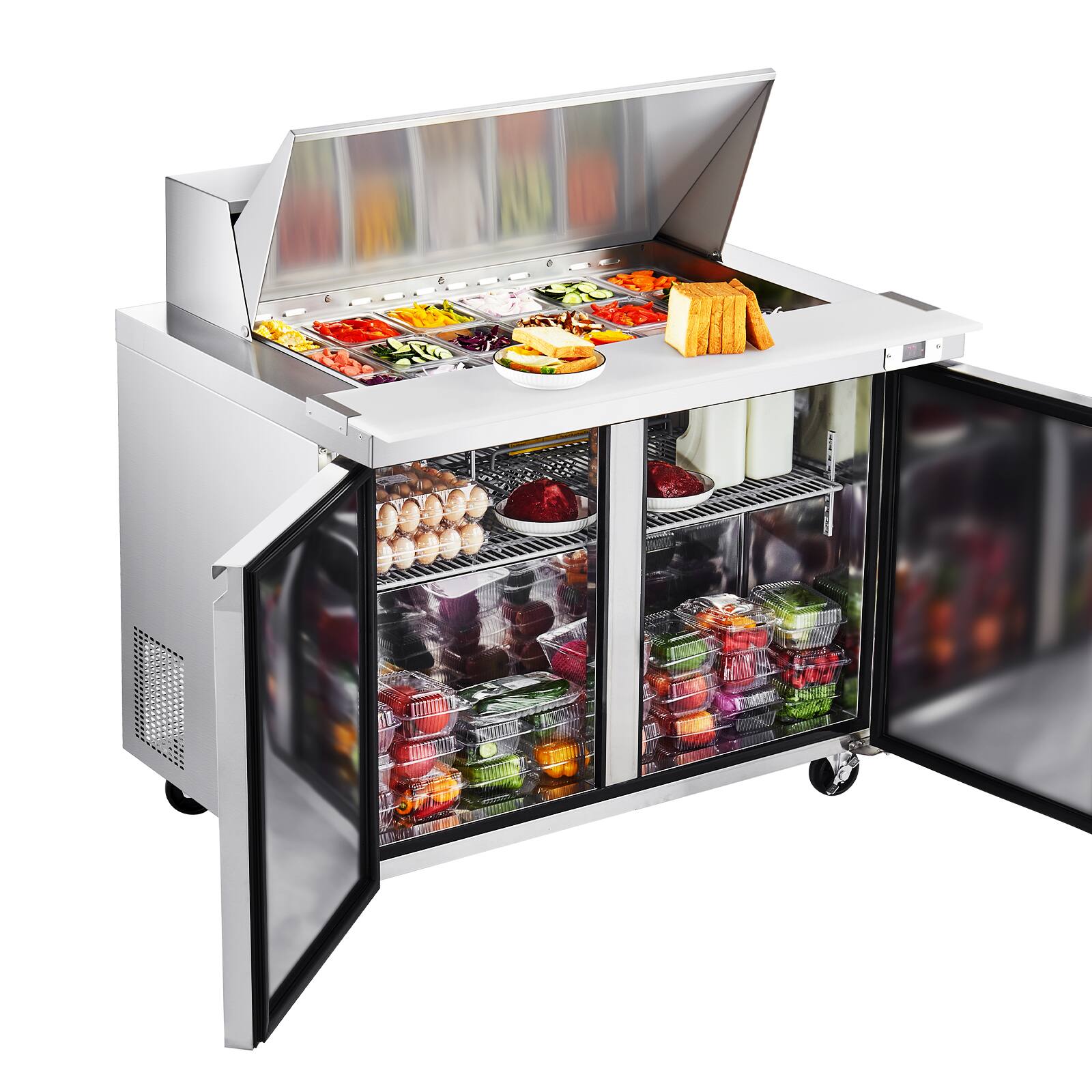Alt View 5. VEVOR - 48"W Commercial Refrigerator, 12.5 Cu. Ft Sandwich Prep Table, Food Prep Fridge with 18 Pans and Cutting Board - Stainless steel.