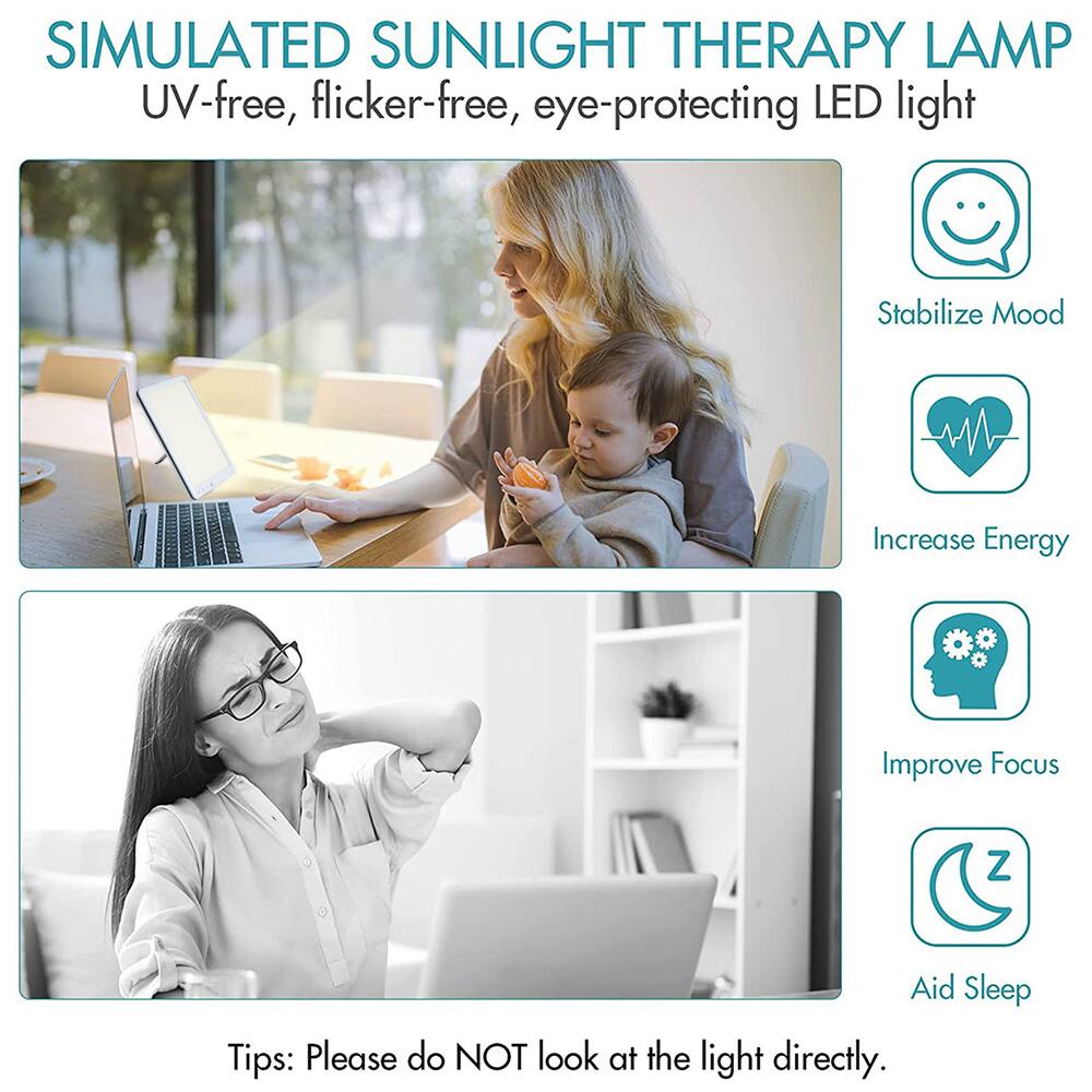 SIMULATED SUNLIGHT THERAPY LAMP  
UV-free, flicker-free, eye-protecting LED light

- Stabilize Mood
- Increase Energy
- Improve Focus
- Aid Sleep

Tips: Please do NOT look at the light directly.