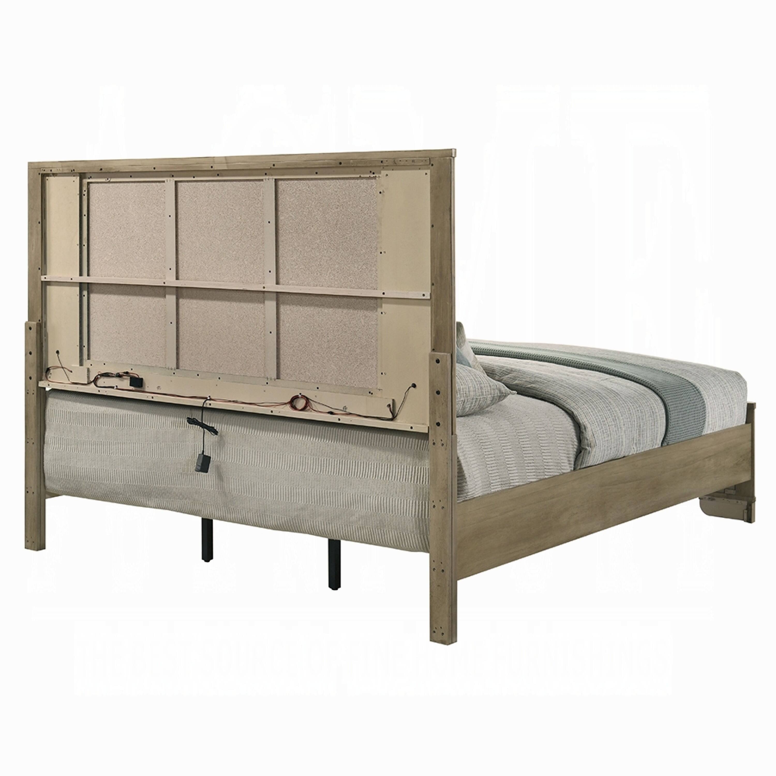 Alt View 3. Manhattan Lane - Leky Queen Bed, LED Headboard, Fluted Patterns, Antique Oak Brown Wood - Oak Brown.