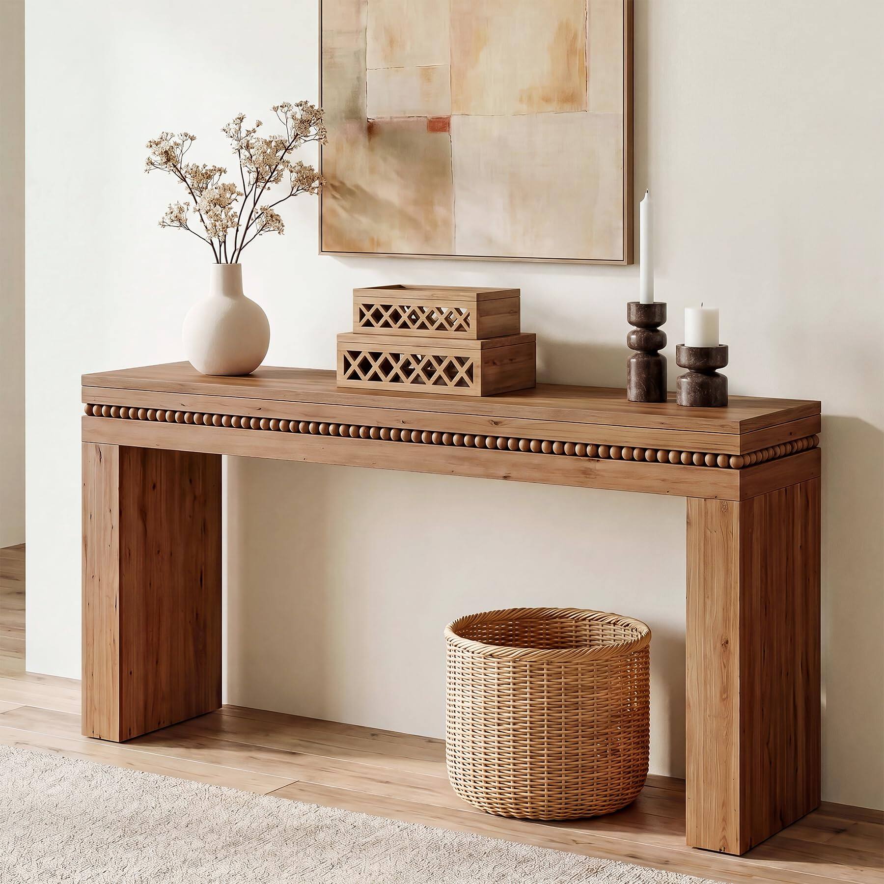 Alt View 5. Tribesigns - 63" Solid Wood Long Console Tables for Entryway, Beaded Trim, Thick Tabletop & Legs, Farmhouse Sofa Table Behind Couch f - Honey Brown.