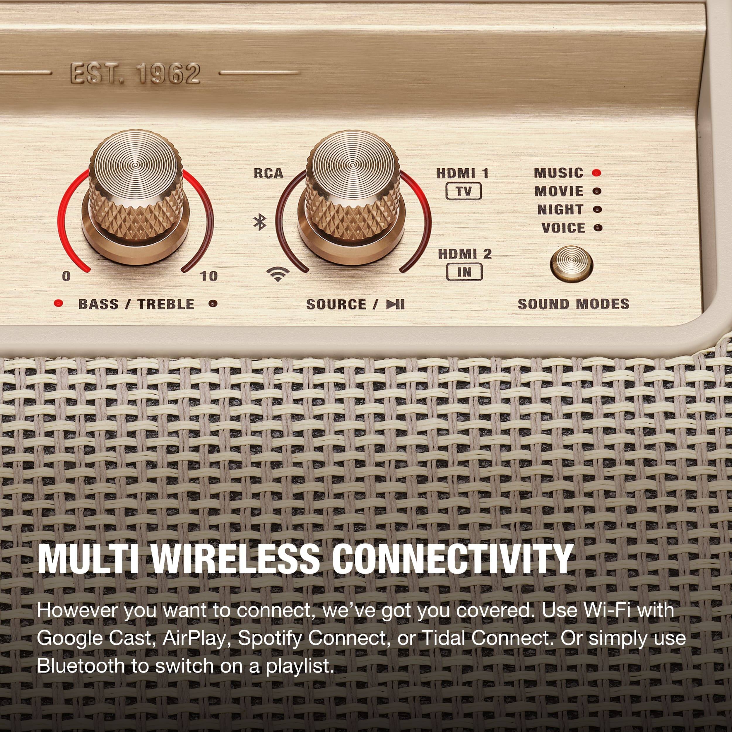 EST. 1962  
RCA  
HDMI 1 TV  
MUSIC MOVIE NIGHT 0 VOICE 0  
0  
10  
HDMI 2 IN  
BASS / TREBLE 0  
SOURCE / MI  
SOUND MODES  
MULTI WIRELESS CONNECTIVITY  
However you want to connect, we've got you covered. Use Wi-Fi with Google Cast, AirPlay, Spotify Connect, or Tidal Connect. Or simply use Bluetooth to switch on a playlist.