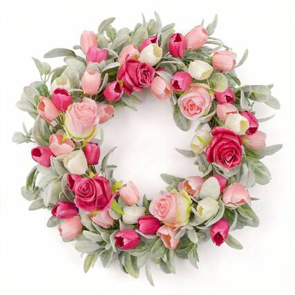 Front. Frangdom - Valentine Farmhouse Wreath Rose Tulip Lambs Ear Door Window Decor - Pink, Red; Size: 20 inches.