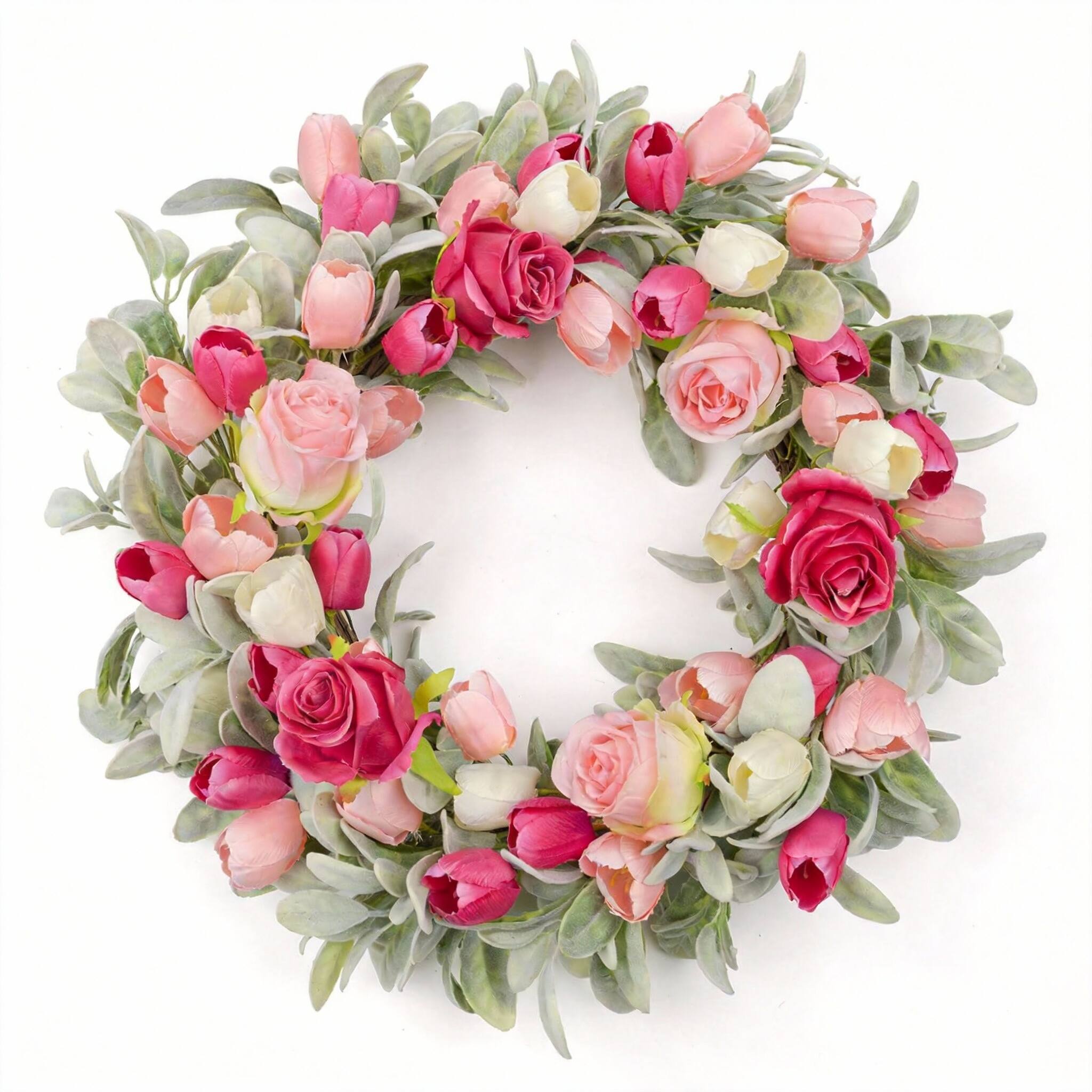 Front. Frangdom - Valentine Farmhouse Wreath Rose Tulip Lambs Ear Door Window Decor - Pink, Red; Size: 20 inches.