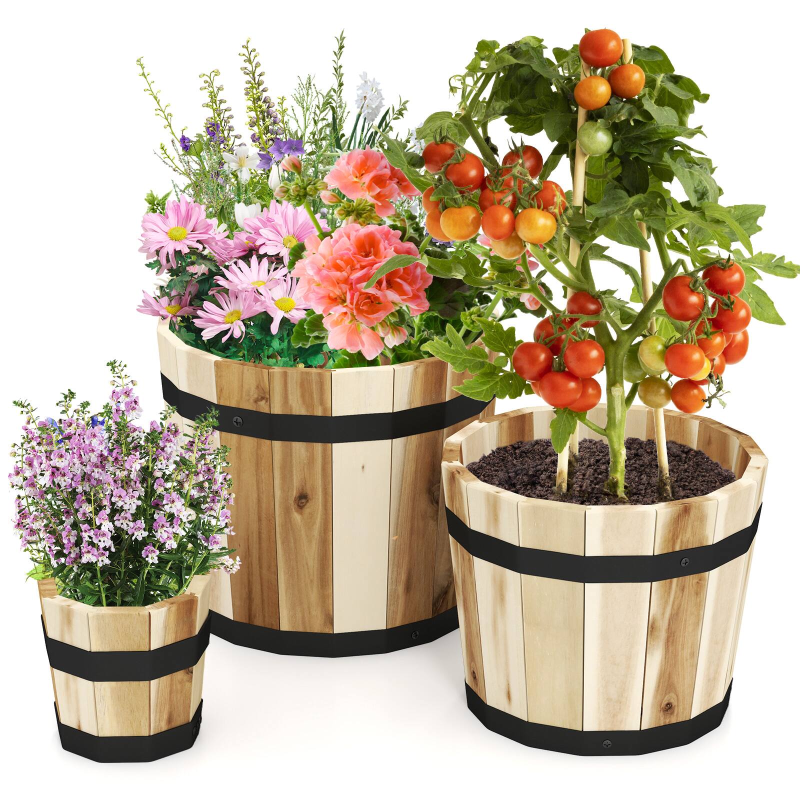Front. Gymax - Gymax Outdoor Wooden Planter Box Set of 3 w/ Drainage Holes for Flower Herb Shrub - Natural.