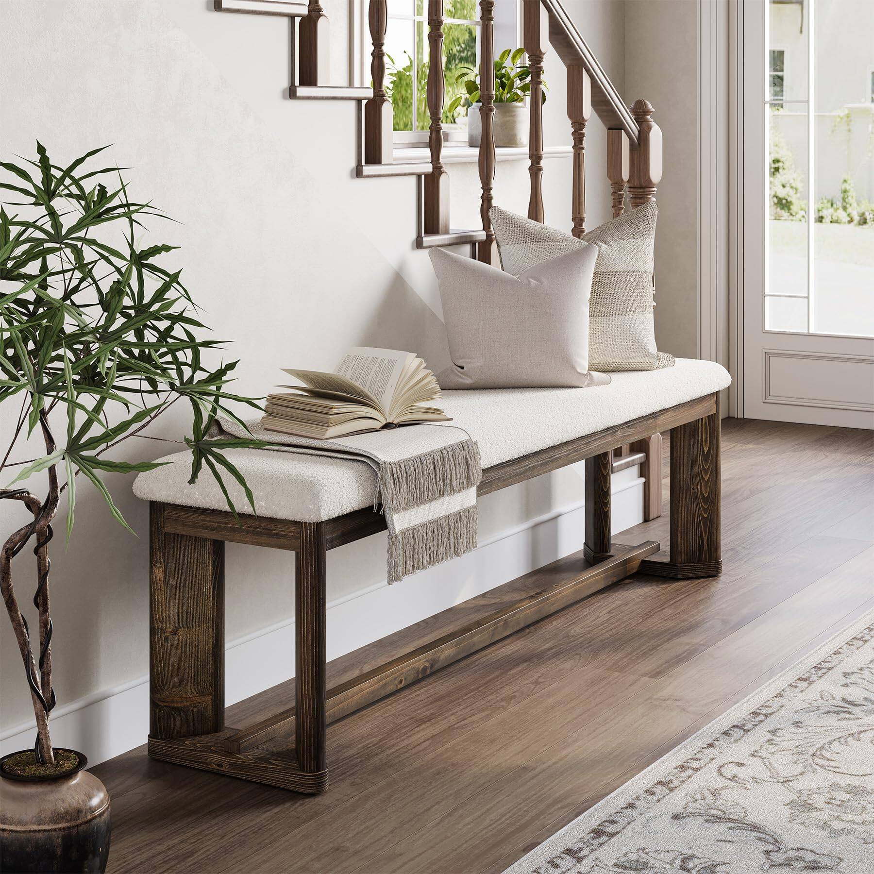 Left. Tribesigns - Upholstered Bench 160CM, Solid Wood Entryway Shoe Bench with Cushion, Long Modern Farmhouse End of Bed Bench with Antiqu - Antique Brown.
