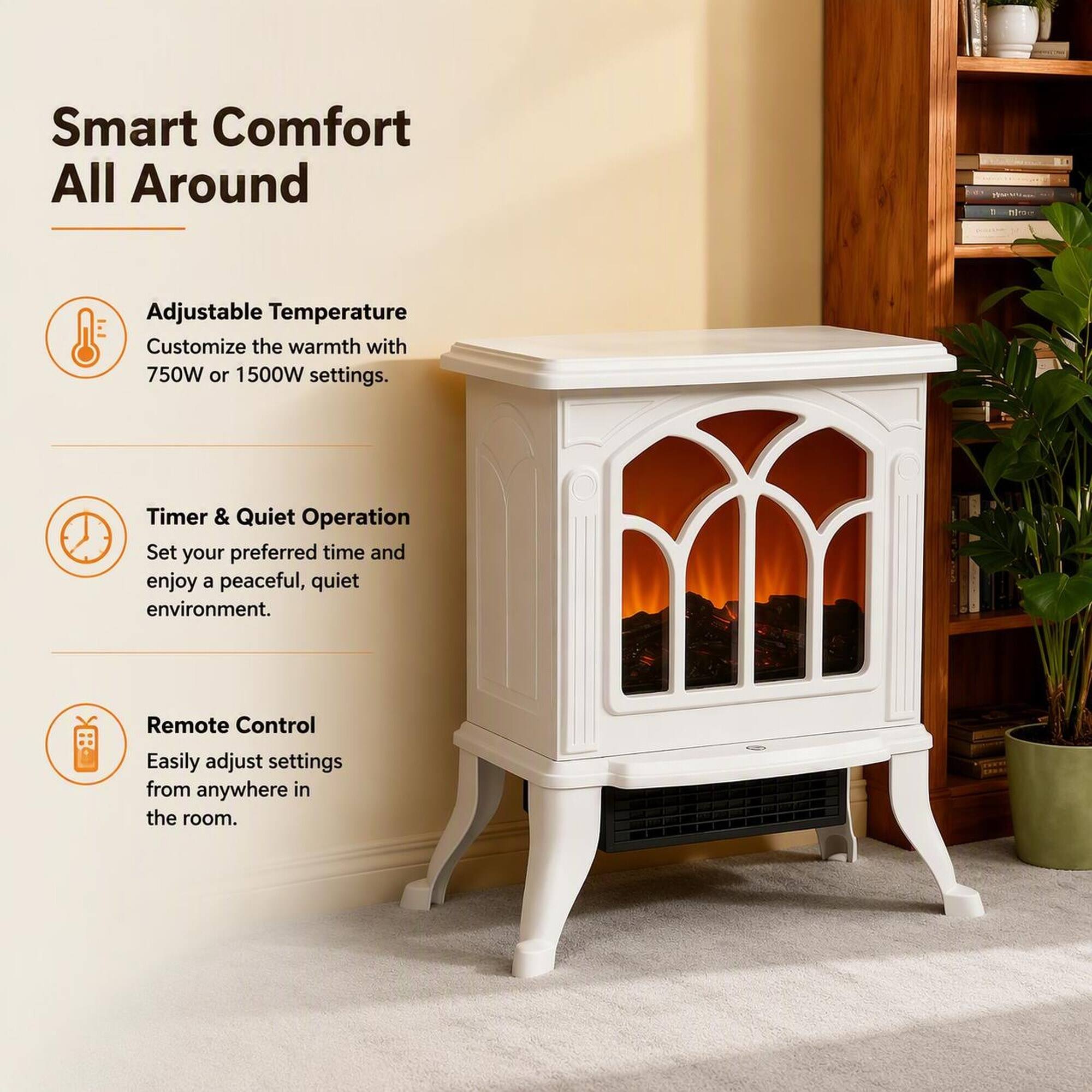 Smart Comfort All Around

Adjustable Temperature  
Customize the warmth with 750W or 1500W settings.

Timer & Quiet Operation  
Set your preferred time and enjoy a peaceful, quiet environment.

Remote Control  
Easily adjust settings from anywhere in the room.