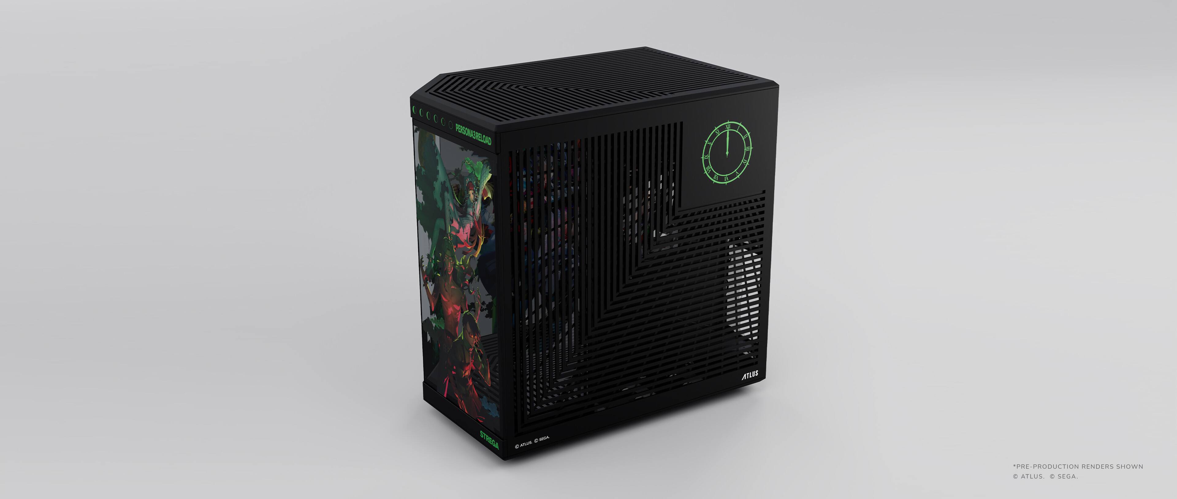 The image shows a pre-production render of a computer tower, which is a product of the collaboration between Atlus and Sega. The tower is black and features a green circle on the side. The render is displayed on a white background, emphasizing the design of the computer tower.