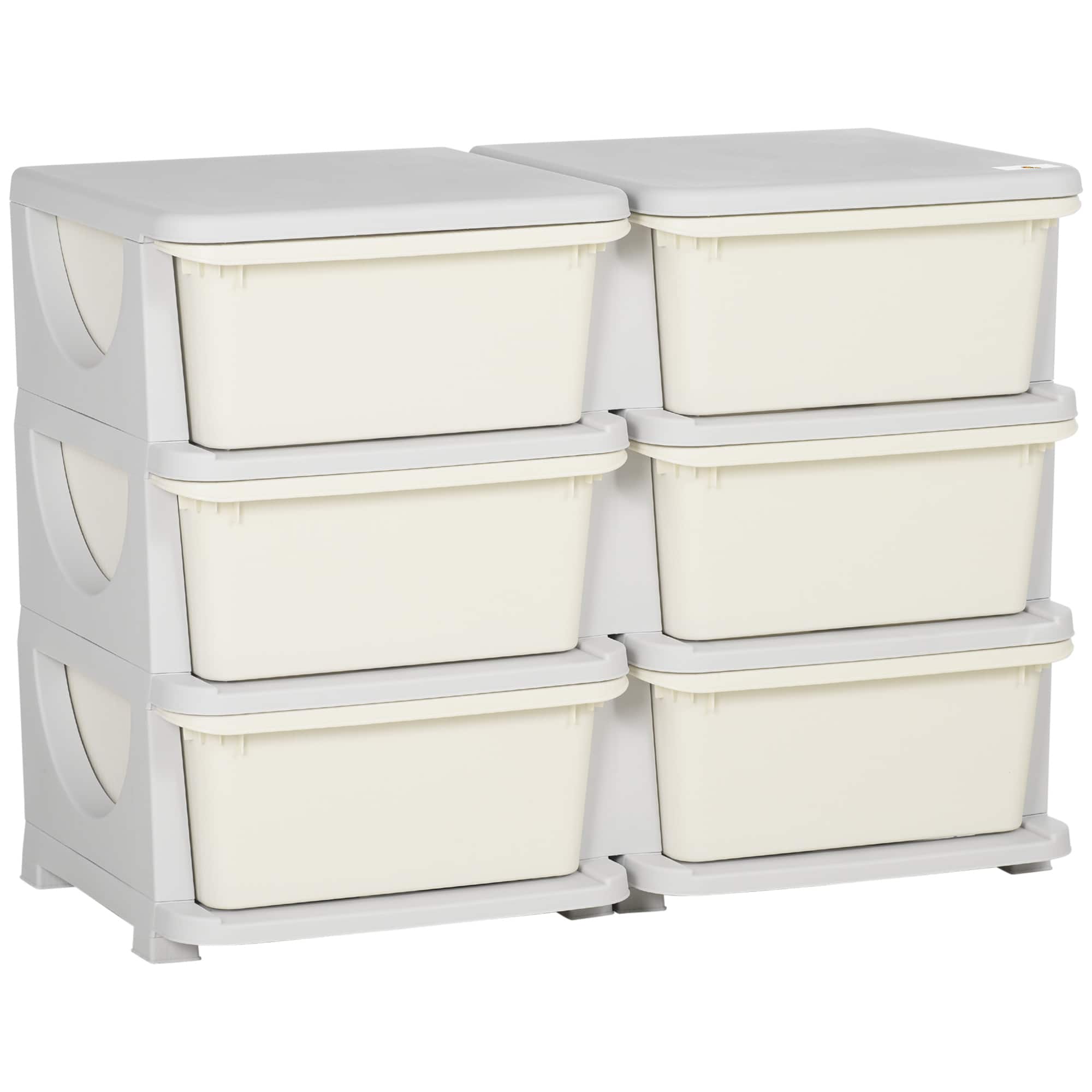 Front. Qaba - 3 Tier Kids Storage Unit, 6 Drawer Chest Toy Organizer, Plastic Bins, Bedroom, Nursery, Living Room, Toddlers - Cream White.