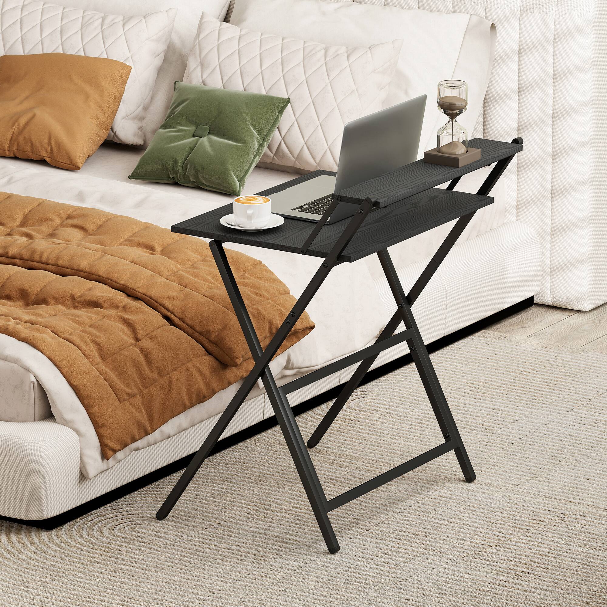 Alt View 8. Homcom - Small Folding Desk, 27.6 Inch Foldable Computer Desk with Monitor Shelf, Space Saving Portable Writing Table - Black.