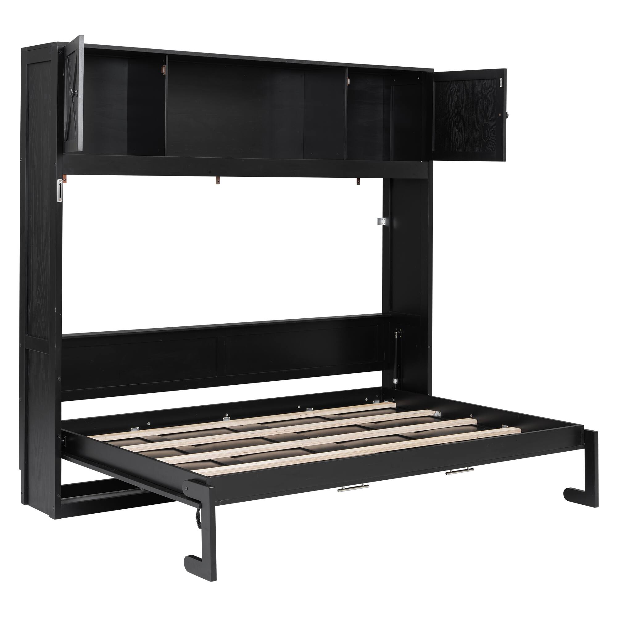 Back. Whisen - Queen Size Murphy Bed with Storage Cabinets, X-Shaped Design Space-Saving Wall Bed for Guest Room - Black.