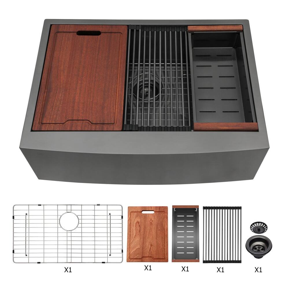 JUJABU - 33 in. L x 22 in. W Single Bowl Stainless Steel Kitchen Sink with Workstation - Matte Black