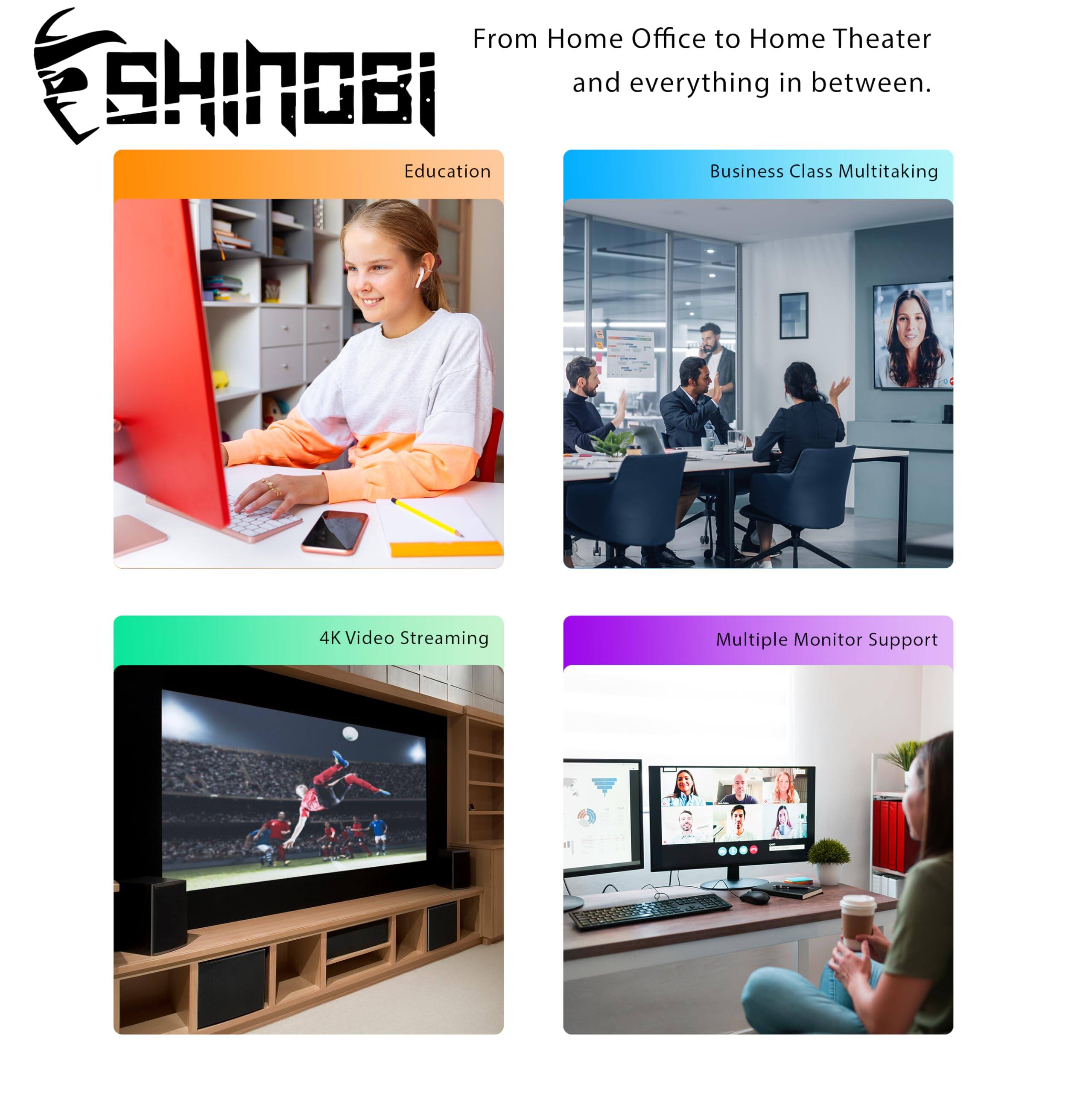 From Home Office to Home Theater and everything in between.

Education  
Business Class Multitasking  
4K Video Streaming  
Multiple Monitor Support