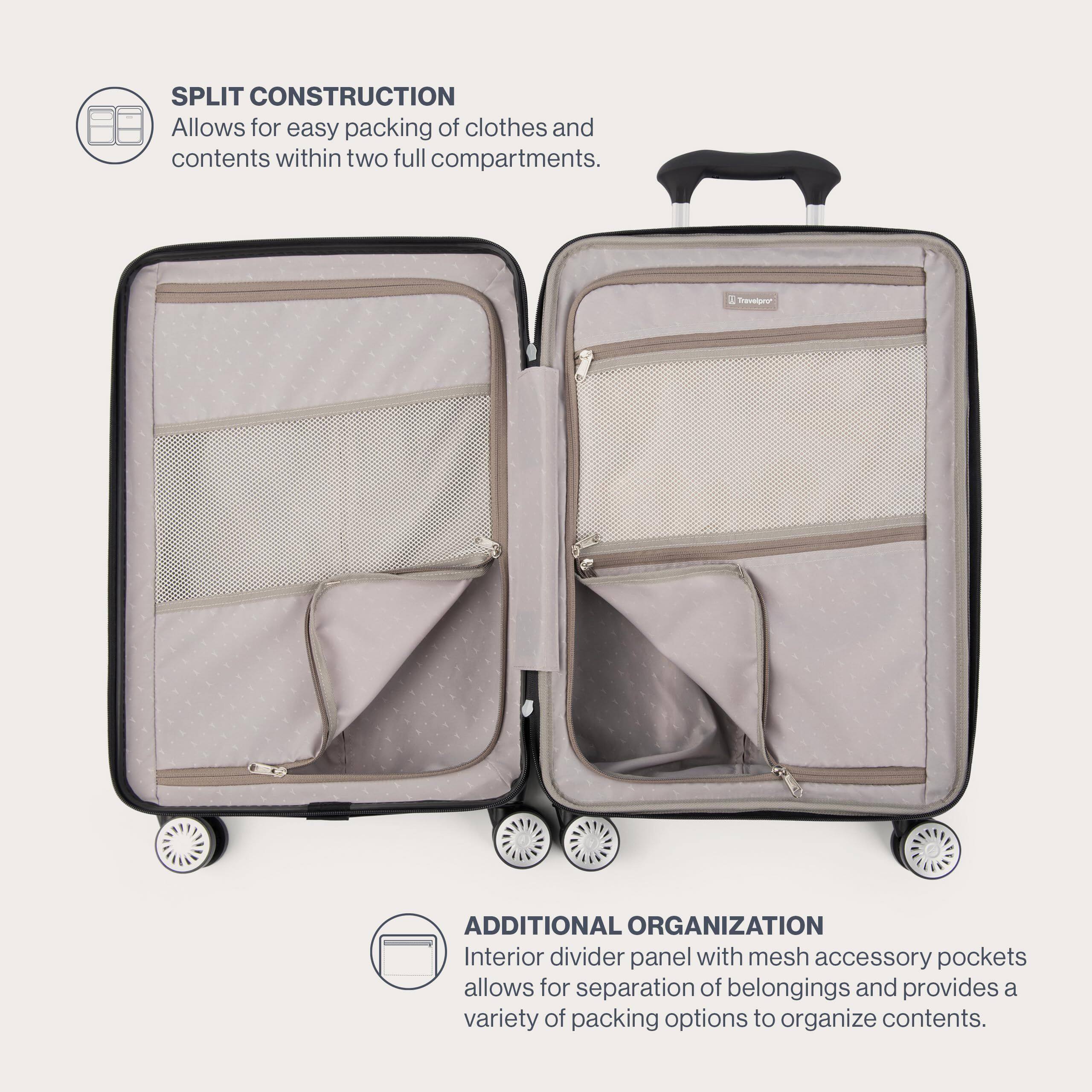 SPLIT CONSTRUCTION  
Allows for easy packing of clothes and contents within two full compartments.  

ADDITIONAL ORGANIZATION  
Interior divider panel with mesh accessory pockets allows for separation of belongings and provides a variety of packing options to organize contents.