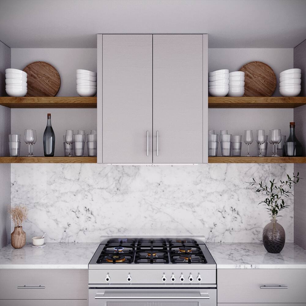 Left. Streamline - 28 in. Sacchi Ductless Insert 350 CFM Range Hood, Baffle Filters, Push Button Control, LED Lights - Brushed Stainless Steel.