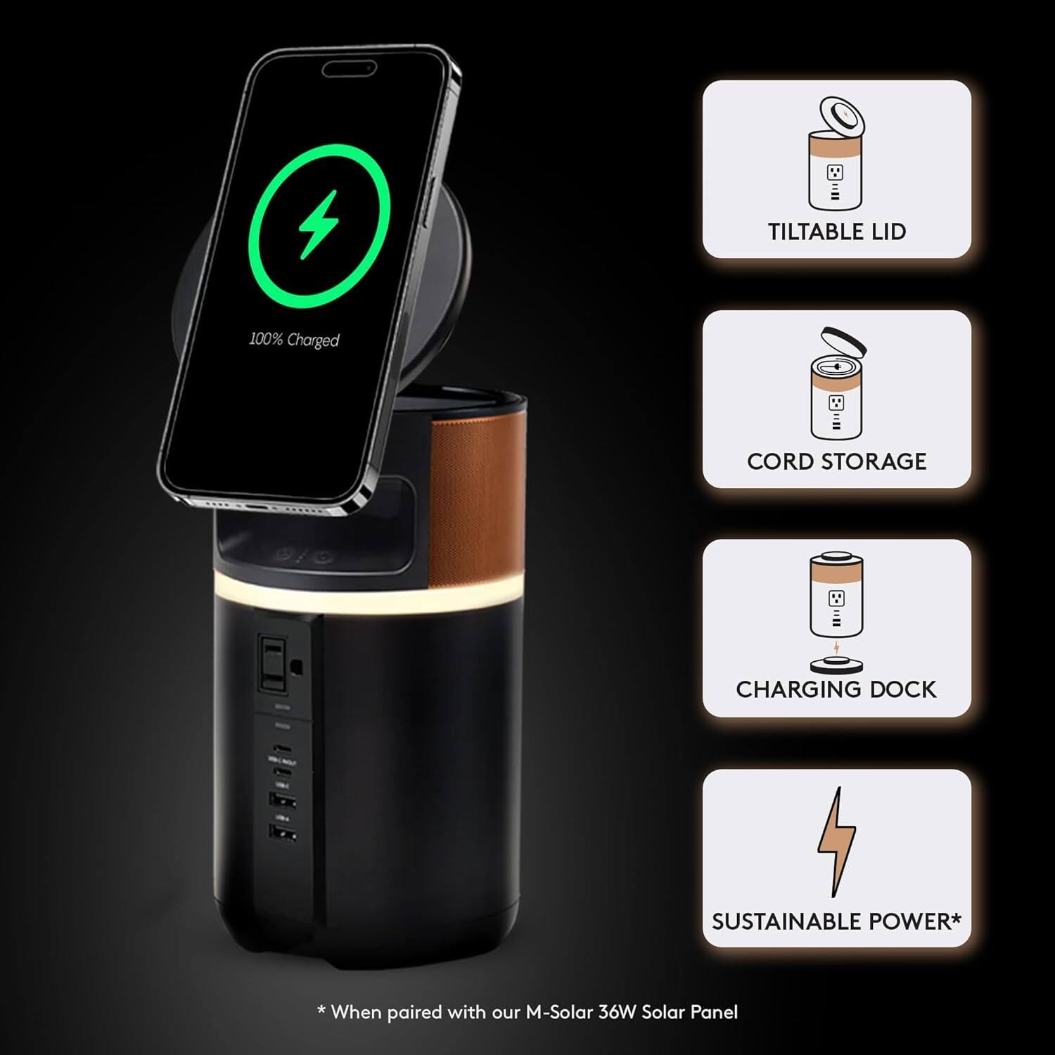 - TILTABLE LID
- 100% Charged
- CORD STORAGE
- CHARGING DOCK
- SUSTAINABLE POWER* * When paired with our M-Solar 36W Solar Panel