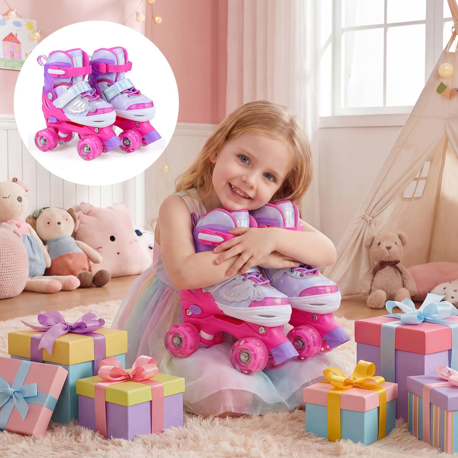 Alt View 4. Costway - Costway Kids Roller Skates 4 Sizes Adjustable Quad Skates with Light-up Wheels for Ages 5-7 - Pink.
