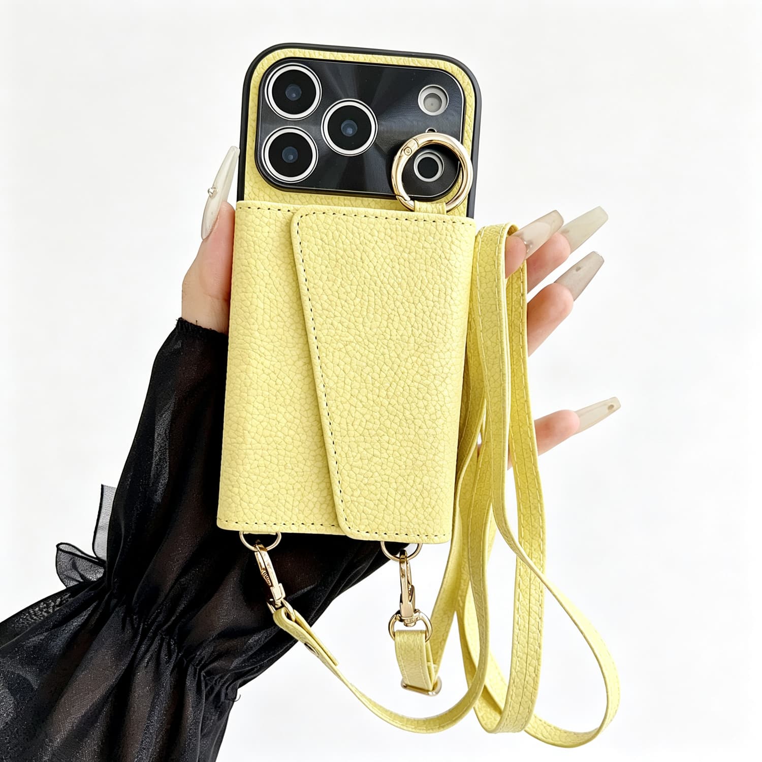 Dteck - Crossbody Wallet Case for Apple iPhone 17 Pro Max,with Makeup Mirror and Card Holder,Premium Faux Leather Texture Cover - Yellow