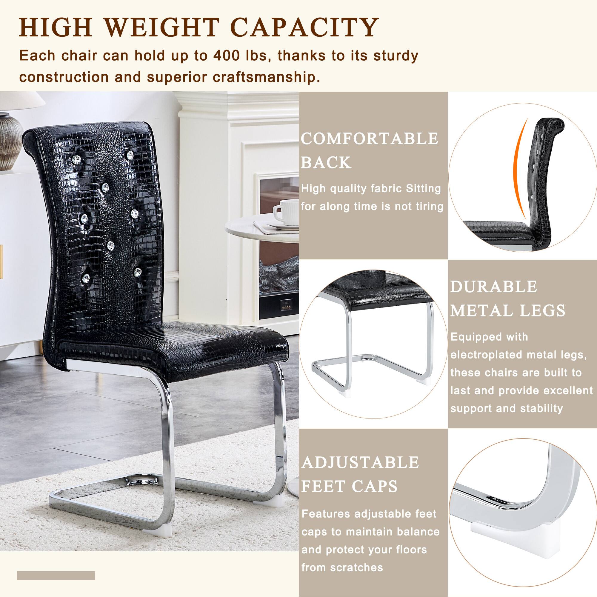 HIGH WEIGHT CAPACITY  
Each chair can hold up to 400 lbs, thanks to its sturdy construction and superior craftsmanship.

COMFORTABLE BACK  
High quality fabric. Sitting for a long time is not tiring.

DURABLE METAL LEGS  
Equipped with electroplated metal legs, these chairs are built to last and provide excellent support and stability.

ADJUSTABLE FEET CAPS  
Features adjustable feet caps to maintain balance and protect your floors from scratches.