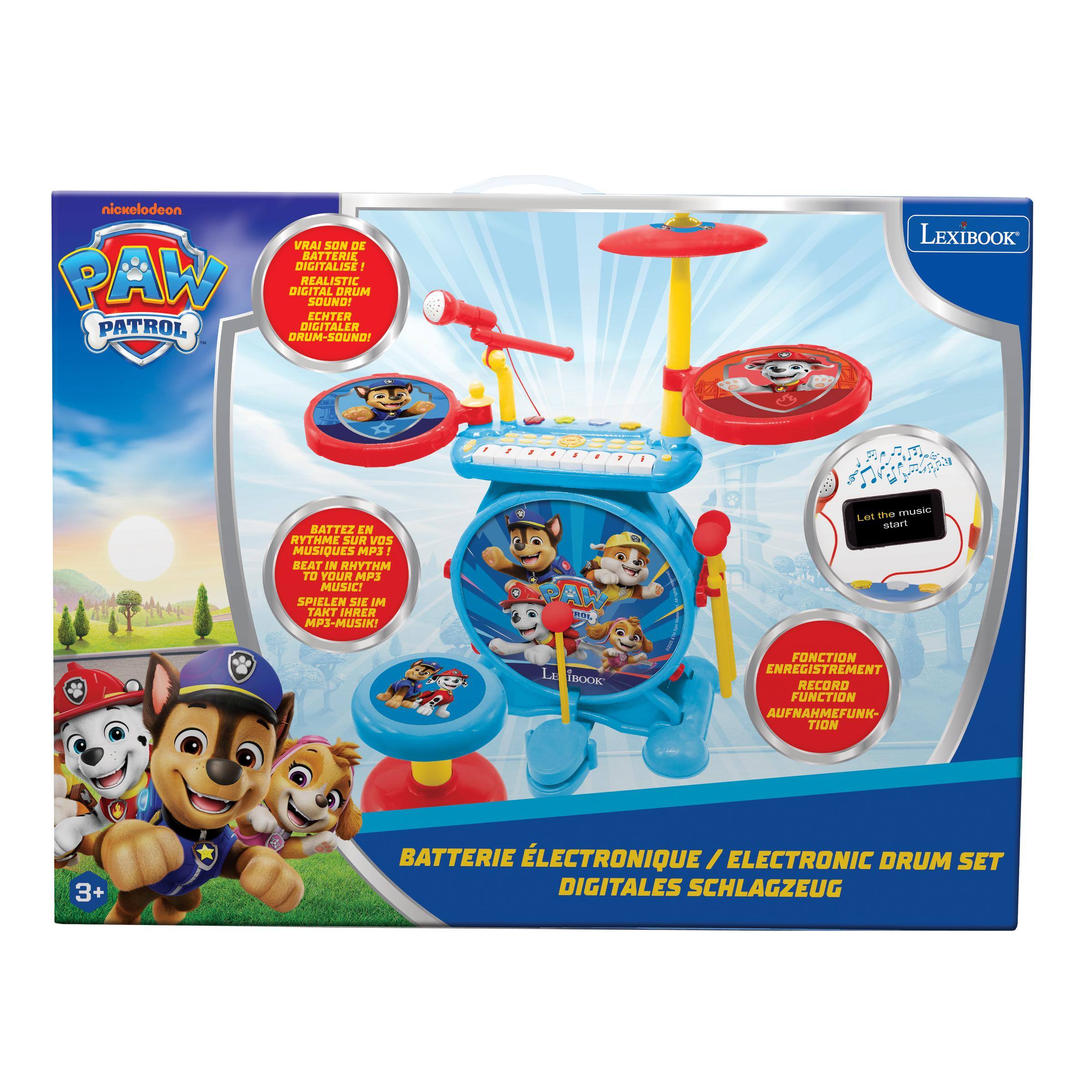 nickelodeon VRAI SON DE BATTERIE DIGITALISE PAW DIGITAL REALISTIC SOUND! DRUM ECHTER PATROL DIGITALER DRUM-SOUND!

LEXIBOOK
BATTEZ EN RYTHME SUR VOS MUSIQUES MP3! BEAT IN RHYTHM TO YOUR MP3 MUSIC! SPIELEN SIE IM IHRE MP3-MUSIK!

Let the music start
LE BOOK
FONCTION ENREGISTREMENT RECORD FUNCTION AUFNAHMEFUNKTION

3+
BATTERIE LECTRONIQUE/ELECTRONI DRUM SET DIGITALES SCHLAGZEUG

PAW PATROL

MUSIQUES MP3! BEAT IN RYTHME SUR VOS MUSIQUES! SPIELEN SIE IM MP3-MUSIK!

FONCTION ENREGISTREMENT RECORD FUNCTION AUFNAHMEFUNKTION

BATTERIE ÉLECTRONIQUE / ELECTRONIC DRUM SET DIGITALES SCHLAGZEUG