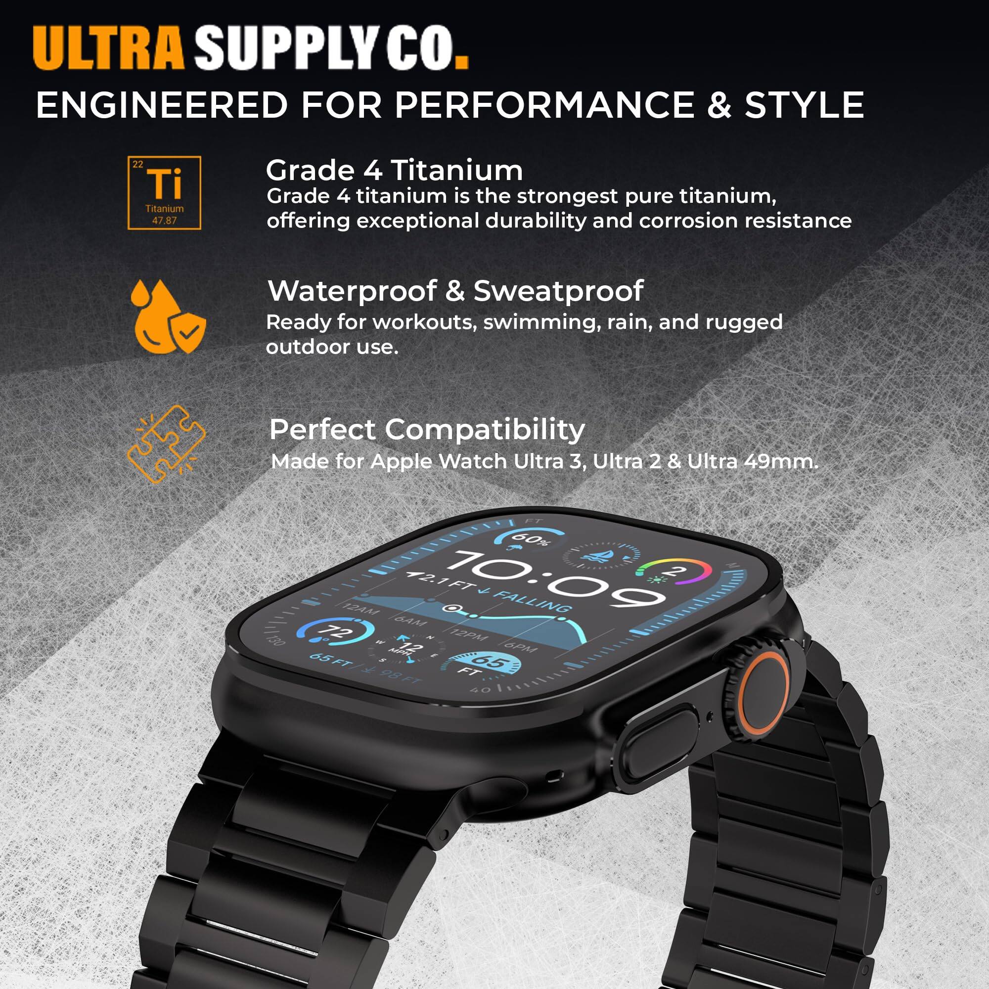 ULTRA SUPPLY Co.  
ENGINEERED FOR PERFORMANCE & STYLE  

Grade 4 Titanium  
Grade 4 titanium is the strongest pure titanium, offering exceptional durability and corrosion resistance  

Waterproof & Sweatproof  
Ready for workouts, swimming, rain, and rugged outdoor use.  

Perfect Compatibility  
Made for Apple Watch Ultra 3, Ultra 2 & Ultra 49mm.  

60%  
42.1FT  
10:09  

ZAN CL.  
FALLING BAM  
72 K  
12P  
12  
6PM  
65FT  
65 FT