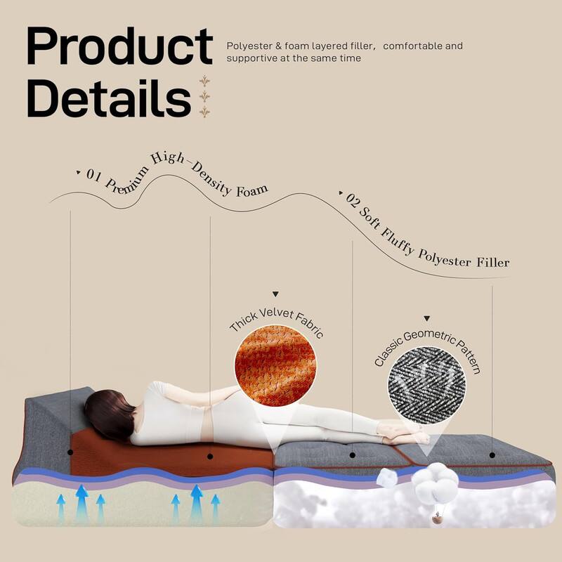 Product Details

Polyester & foam layered filler, comfortable and supportive at the same time

01 Premium High-Density Foam

02 Soft Fluffy Polyester Filler

Thick Velvet Fabric

Classic Geometric Pattern