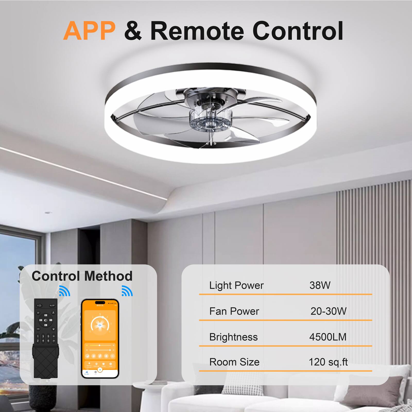 APP & Remote Control

Control Method

Light Power: 38W

Fan Power: 20-30W

Brightness: 4500LM

Room Size: 120 sq.ft