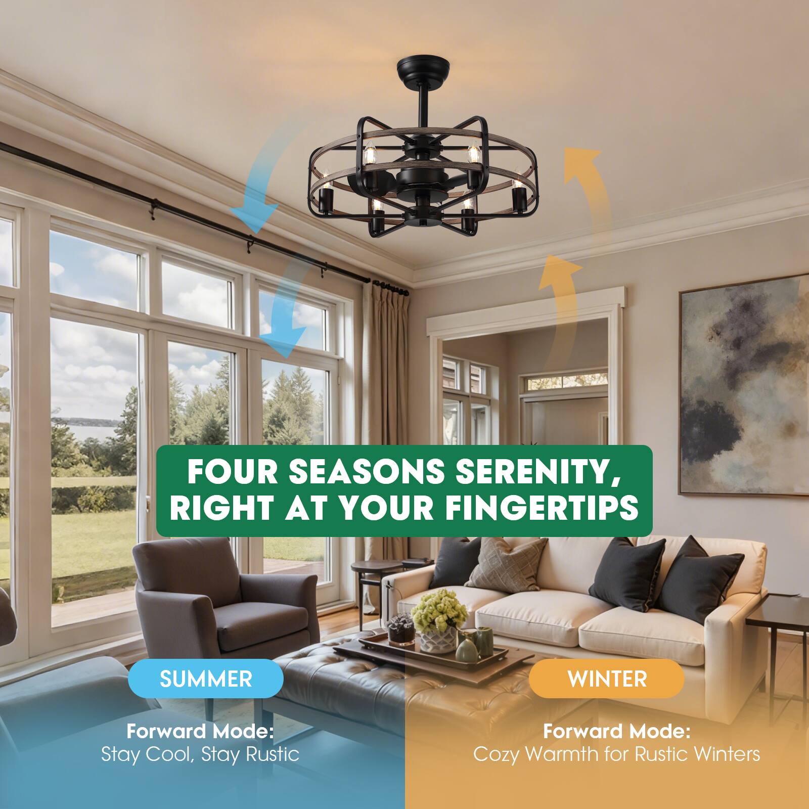 FOUR SEASONS SERENITY, RIGHT AT YOUR FINGERTIPS

SUMMER  
Forward Mode: Stay Cool, Stay Rustic

WINTER  
Forward Mode: Cozy Warmth for Rustic Winters