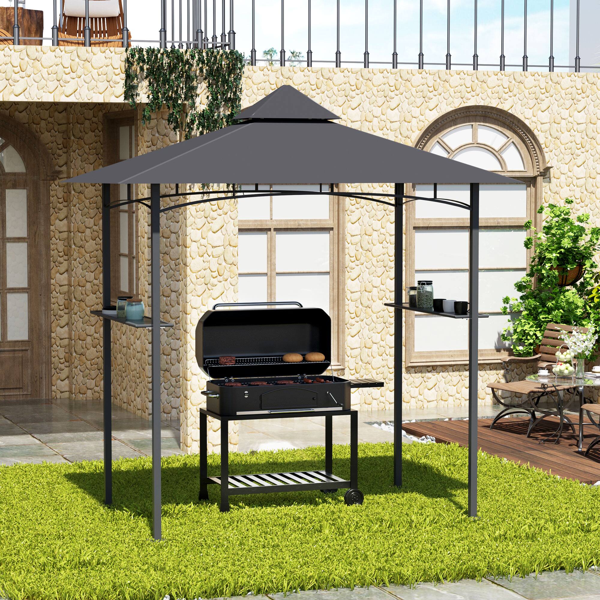 Alt View 1. Outsunny - 8' x 5' Grill Gazebo with 2 Side Shelves, Outdoor BBQ Gazebo with Double Roof, Steel Grill Tent Canopy - Gray.