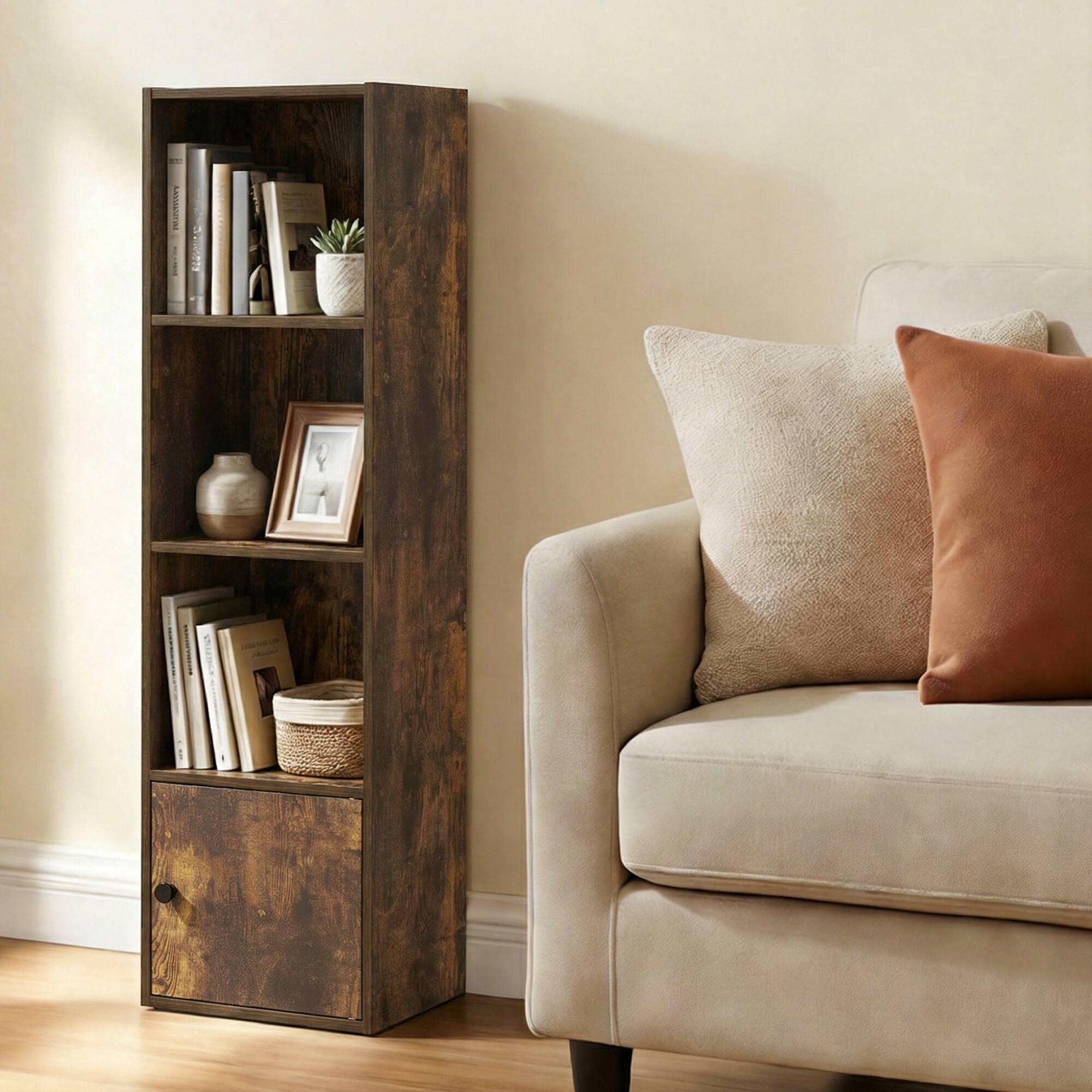 Alt View 2. Furinno - LUDER Book Shelf, 4-Tier Bookshelf with Open Shelf, Standing Bookcase with 1 Door Cabinet, 9.3 x 12 x 41.8 - Amber Pine.