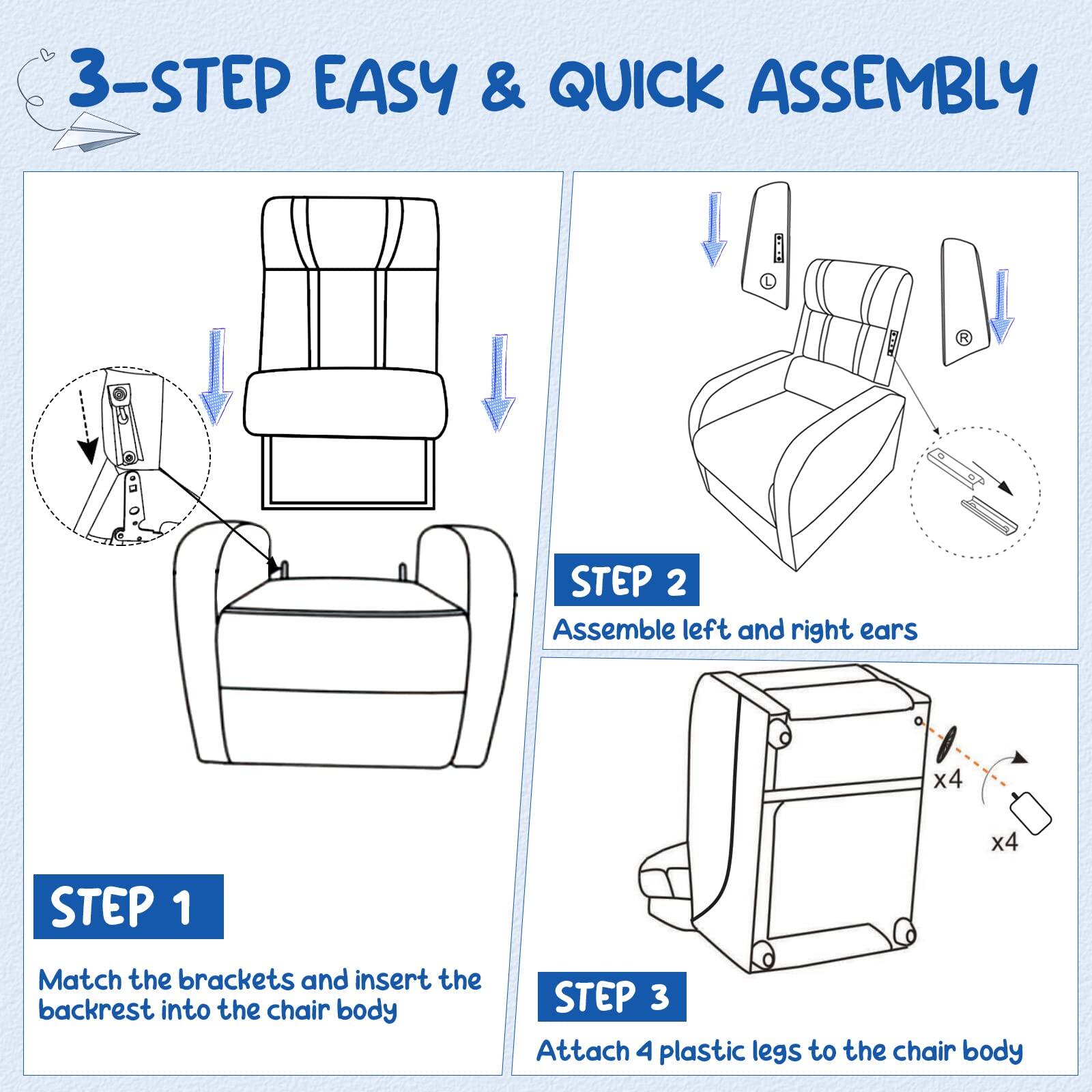 3-STEP EASY & QUICK ASSEMBLY

STEP 1  
Match the brackets and insert the backrest into the chair body

STEP 2  
Assemble left and right ears

STEP 3  
Attach 4 plastic legs to the chair body