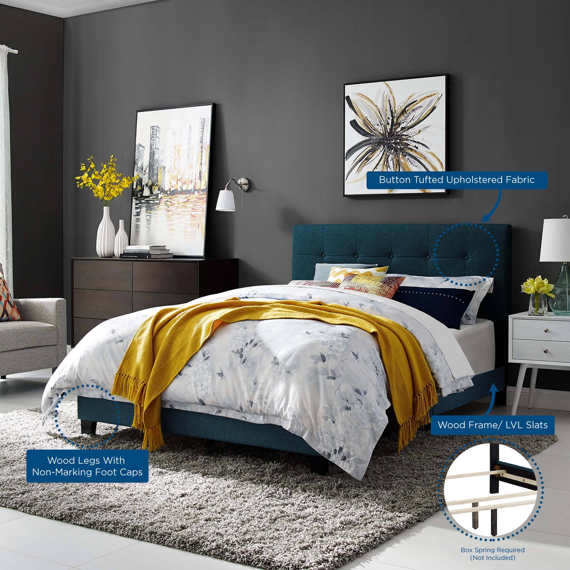 - Button Tufted Upholstered Fabric
- Wood Frame / LVL Slats
- Wood Legs With Non-Marking Foot Caps
- Box Spring Required (Not Included)