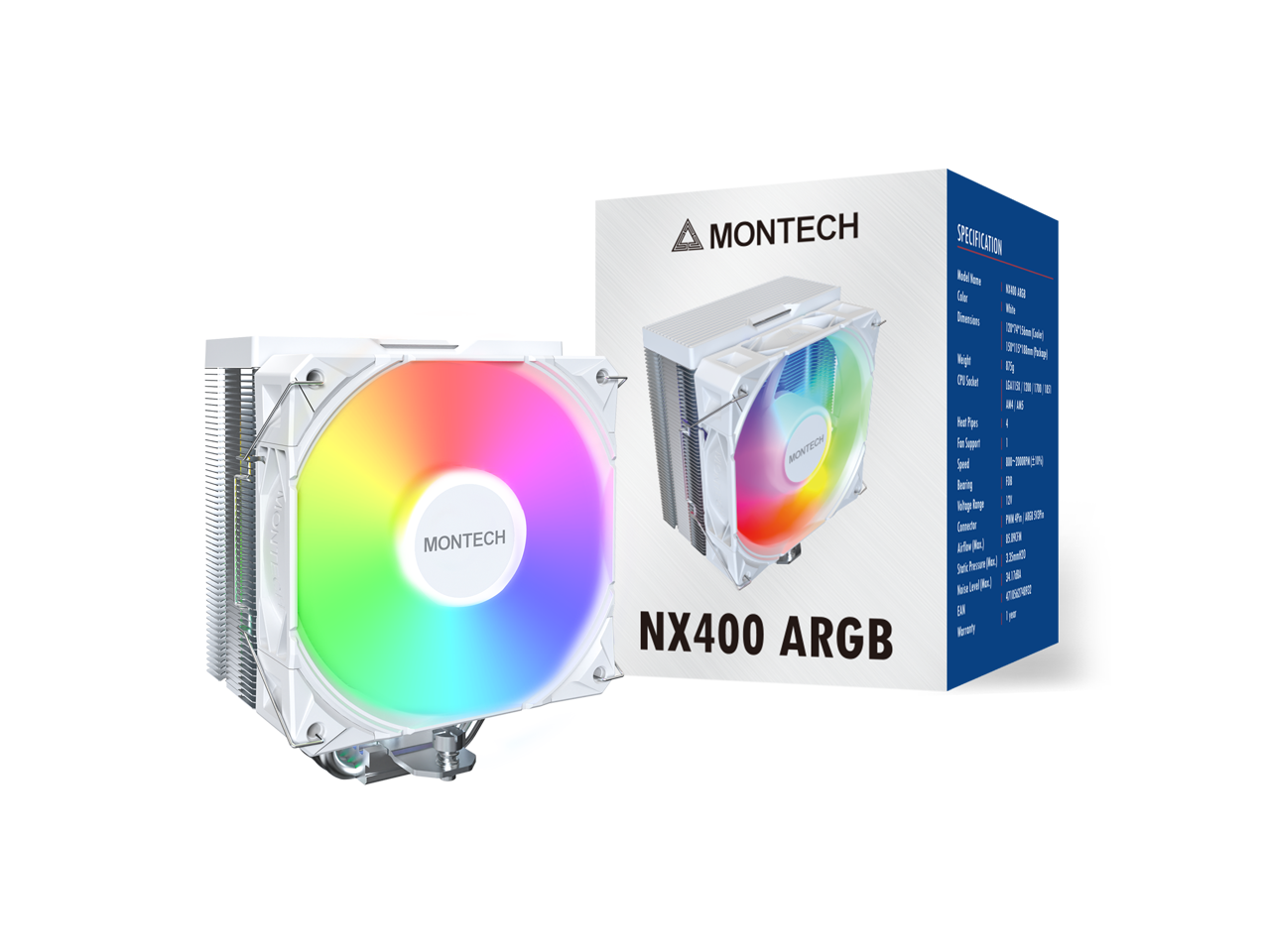 Montech - NX400 ARGB - CPU Cooler, 4 Heat Pipes, 52-Fin Sink, 120mm FDB Fan, ARGB Lighting - White