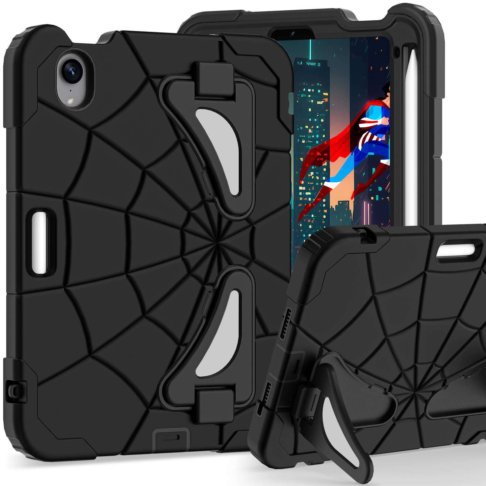 Angle. Dteck - Rugged Case for Apple iPad mini (A17 Pro) 2024, Shockproof Dual-Layer Cover with Built-In Kickstand and Pencil Holder - Black.