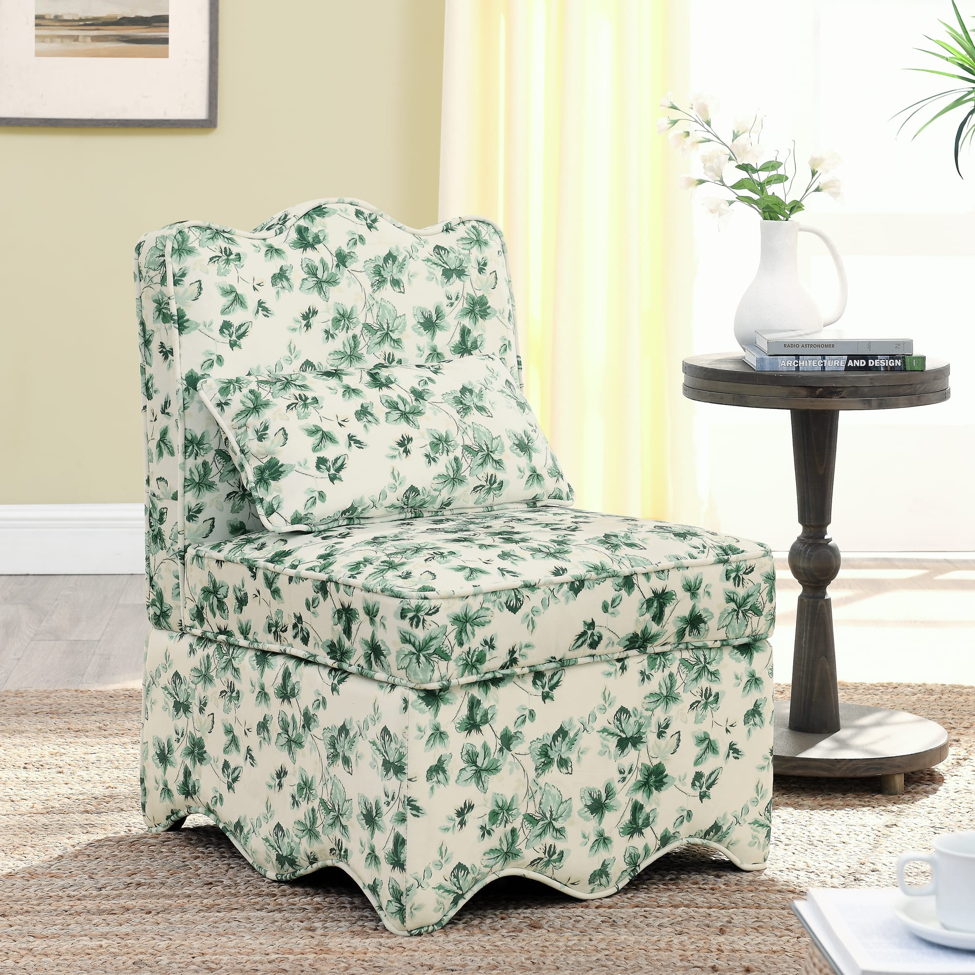Trinkets Crazed - Flannel Upholstered Accent Chair-Retro Single Sofa Chair with Floral Pattern, Armless Lounge Chair with Pillow - Green