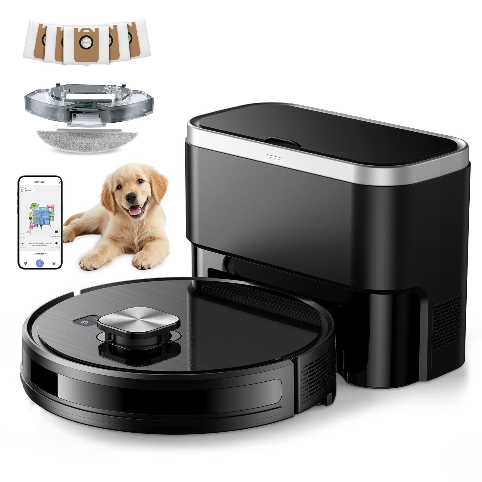 Front. Teendow - Robot Vacuum and Mop Combo, 11500Pa Powerful Suction, LiDAR Smart Mapping, Self-Emptying Base (90-Day), 160 Min Runtime - Black.