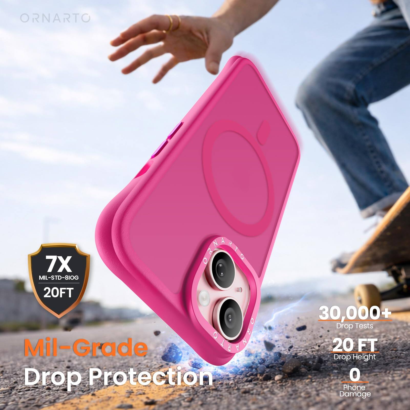 ORNARTO 7X MIL-STD-810G 20FT Mil-Grade C Drop Protection 30,000+ Drop Tests 20 FT Drop Height 0 Phone Damage