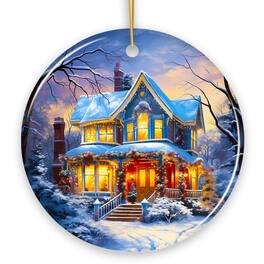 OrnamentallyYou - Glowing Winter Night Painting Ceramic Ornament Warm and Inviting Christmas Tree Decor Circle - Multi-colored