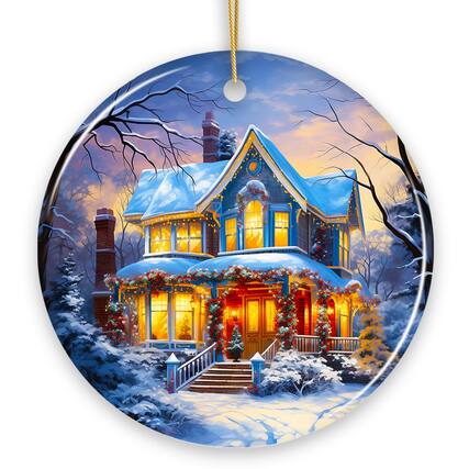 Front. OrnamentallyYou - Glowing Winter Night Painting Ceramic Ornament Warm and Inviting Christmas Tree Decor Circle - Multi-colored.