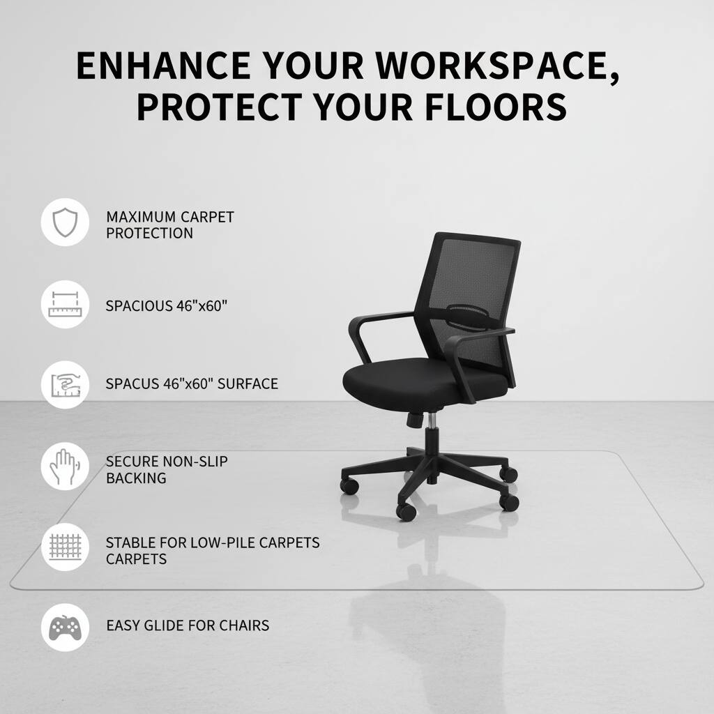ENHANCE YOUR WORKSPACE, PROTECT YOUR FLOORS

- MAXIMUM CARPET PROTECTION
- SPACIOUS 46"x60"
- SPACIOUS 46"x60" SURFACE
- SECURE NON-SLIP BACKING
- STABLE FOR LOW-PILE CARPETS
- EASY GLIDE FOR CHAIRS