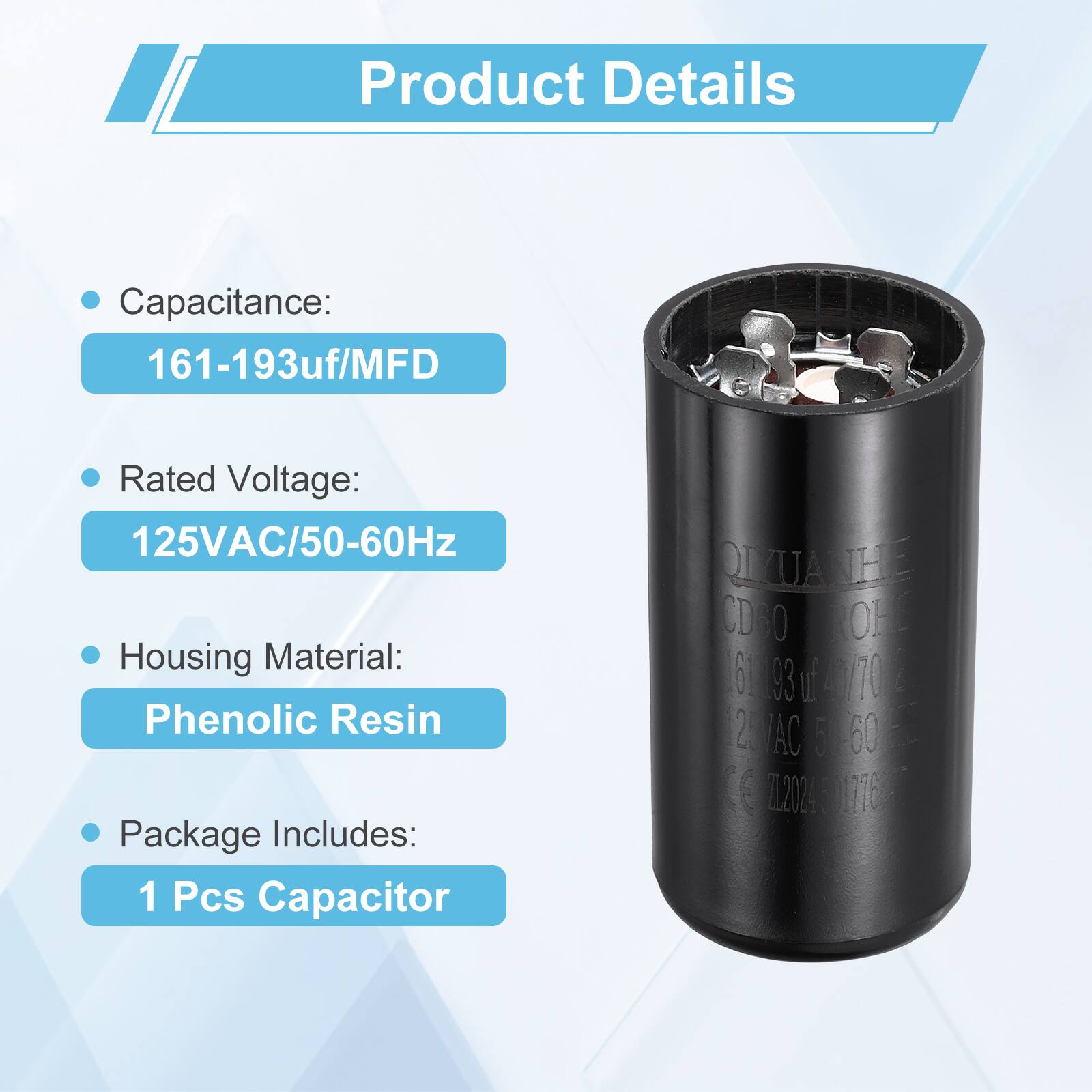 Product Details

- Capacitance: 161-193uf/MFD
- Rated Voltage: 125VAC/50-60Hz
- Housing Material: Phenolic Resin
- Package Includes: 1 Pcs Capacitor

QIUANH HE CD60 ROFE 161093 93 i 4070 20AC 5 60 e 12024 1076