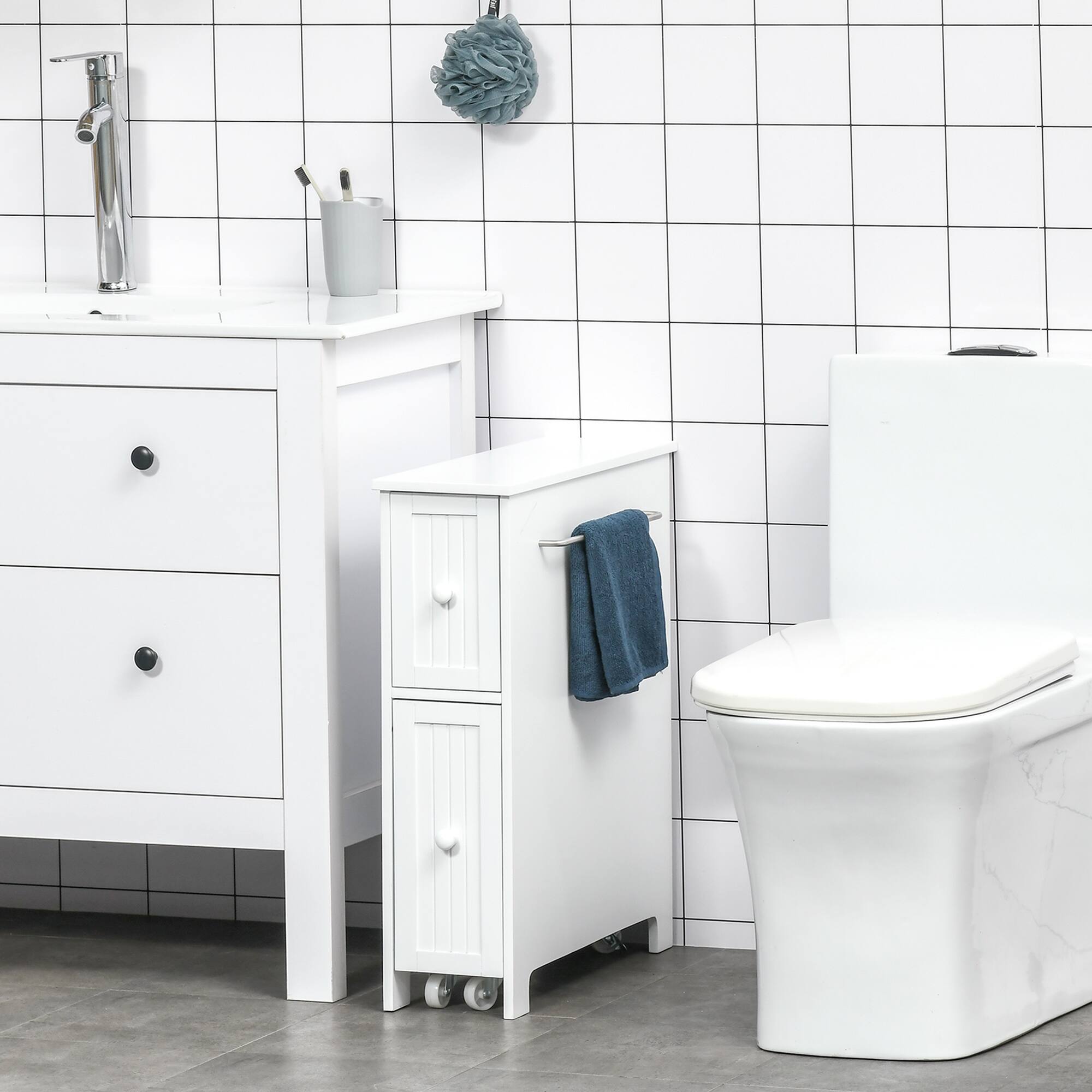Alt View 1. Kleankin - Bathroom Cabinet, Freestanding Storage Cabinet, Toilet Paper Holder with Two Drawers, Side Towel Rack, and Wheels - White.