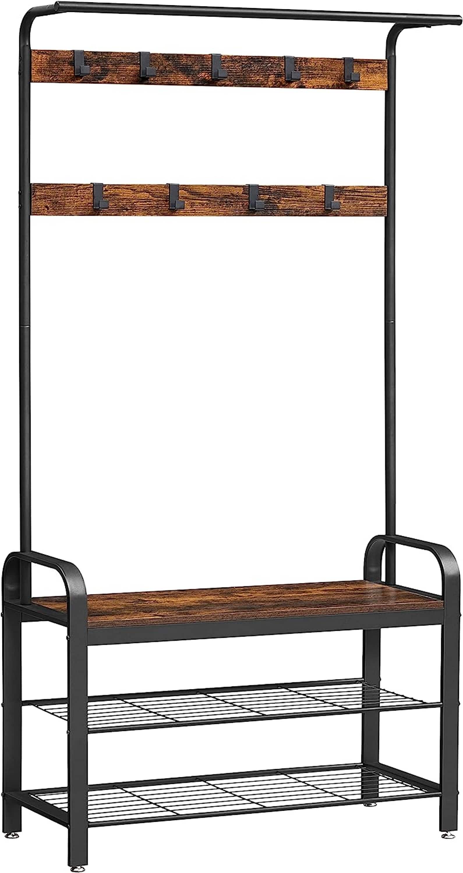 Songmics Home - 4-in-1 Hall Tree with Shoe Bench Coat Rack and Removable Hooks Rustic and Black - Brown