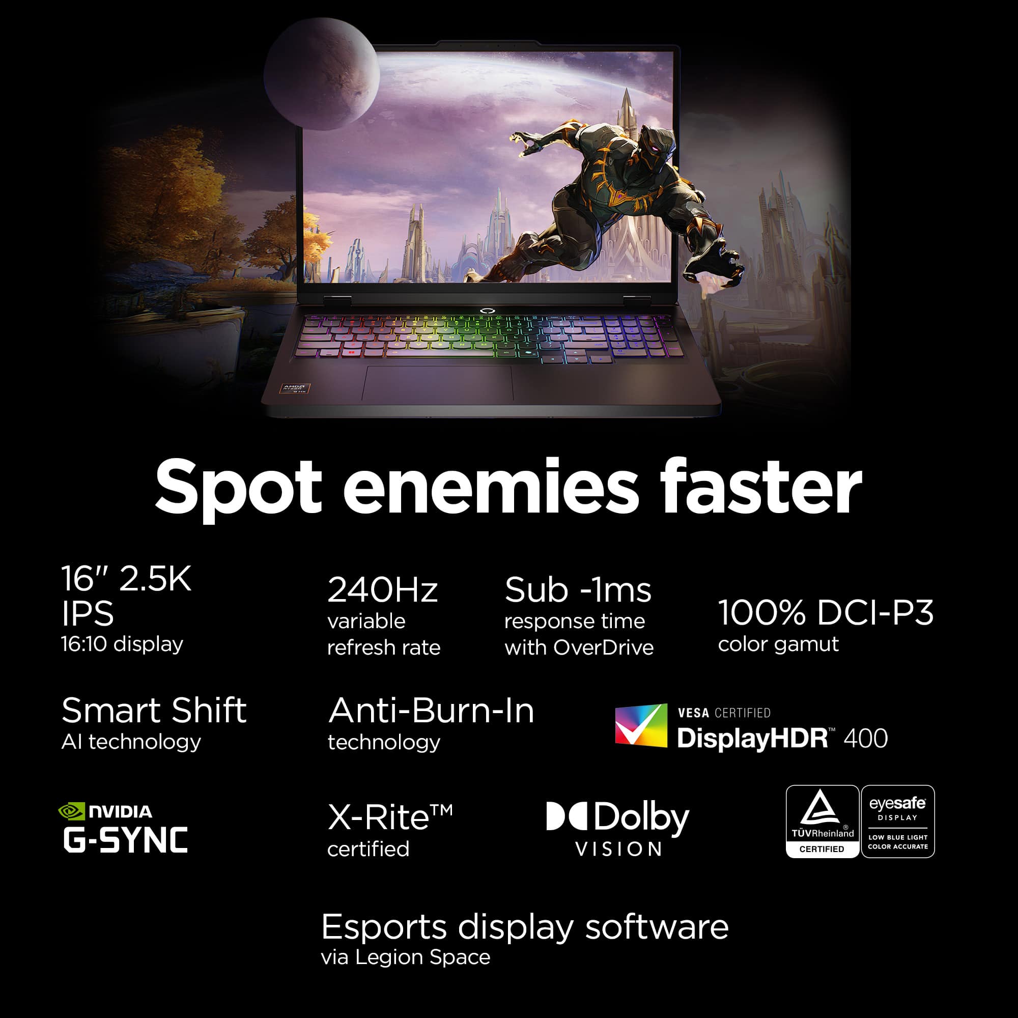 Grouped and corrected text:
Spot enemies faster:
* 16" 2.5K 240Hz Sub -1ms IPS variable response time
* 100% DCI-P3 16:10 display refresh rate with OverDrive color gamut
* Smart Shift Anti-Burn-In Al technology
* VESA CERTIFIED DisplayHDR 400
* NVIDIA G-SYNC TM X-RiteM certified Dolby VISION eyesafe
* Display TUV Rheinland - certified
* Esports display software via Legion Space